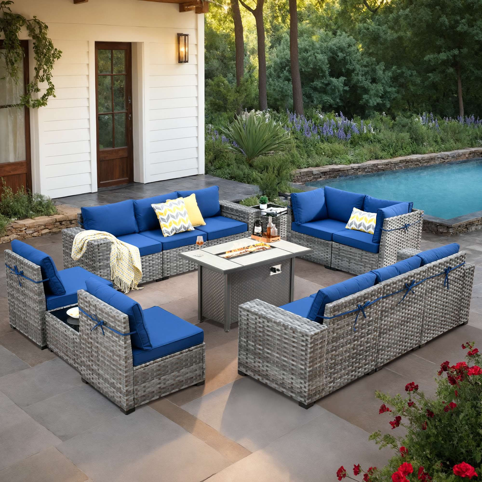 OVIOS 13 Pieces Outdoor Patio Furniture Set with Fire Pit Table and Wide Armrest Chairs, view 5