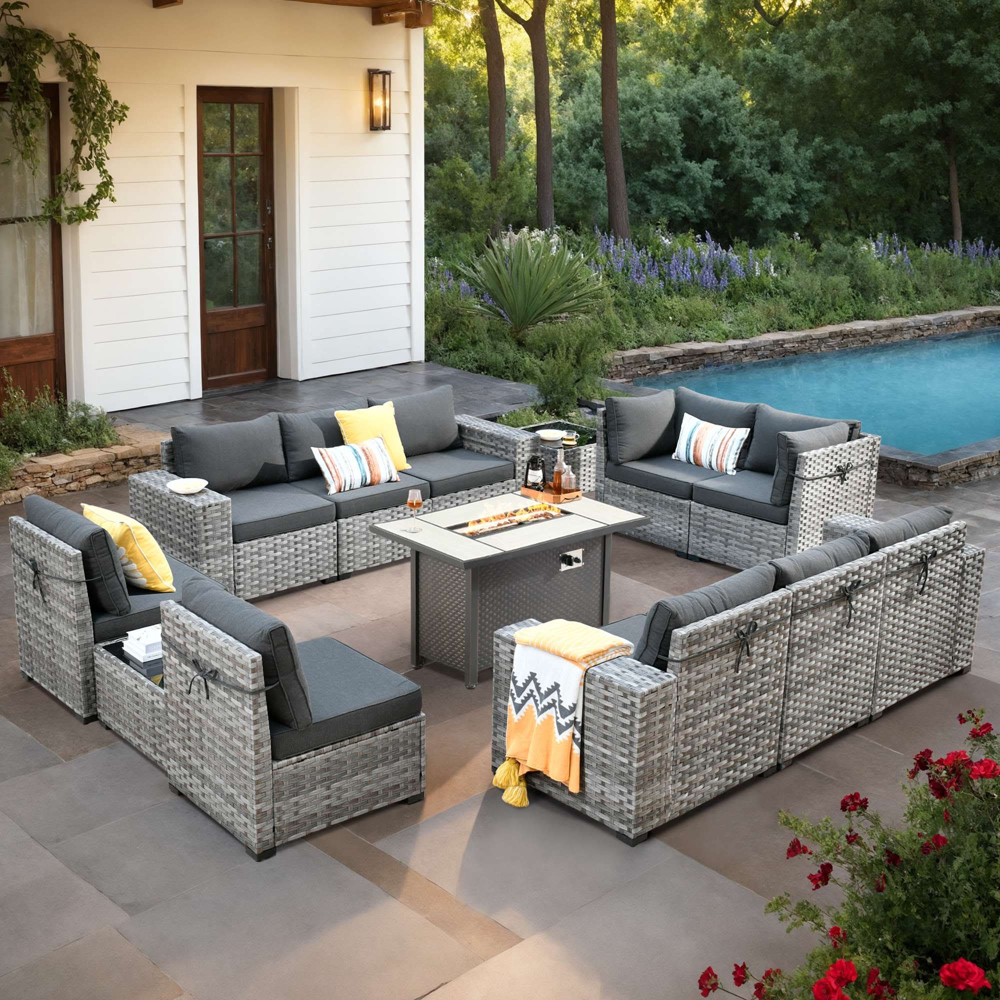 OVIOS 13 Pieces Outdoor Patio Furniture Set with Fire Pit Table and Wide Armrest Chairs, view 6