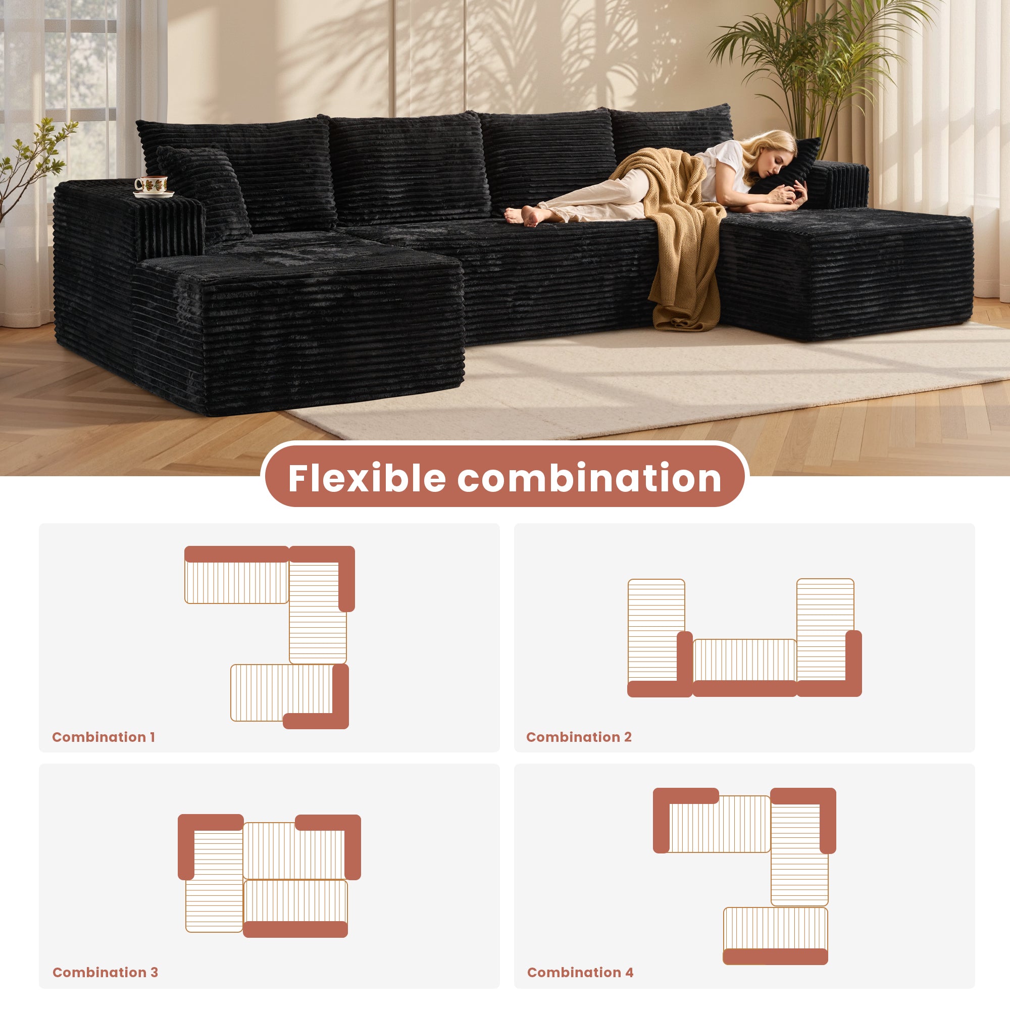 OVIOS 134" U-Shape Modular Couch , Plush Corduroy Fabric, No Assembly Required, view 5