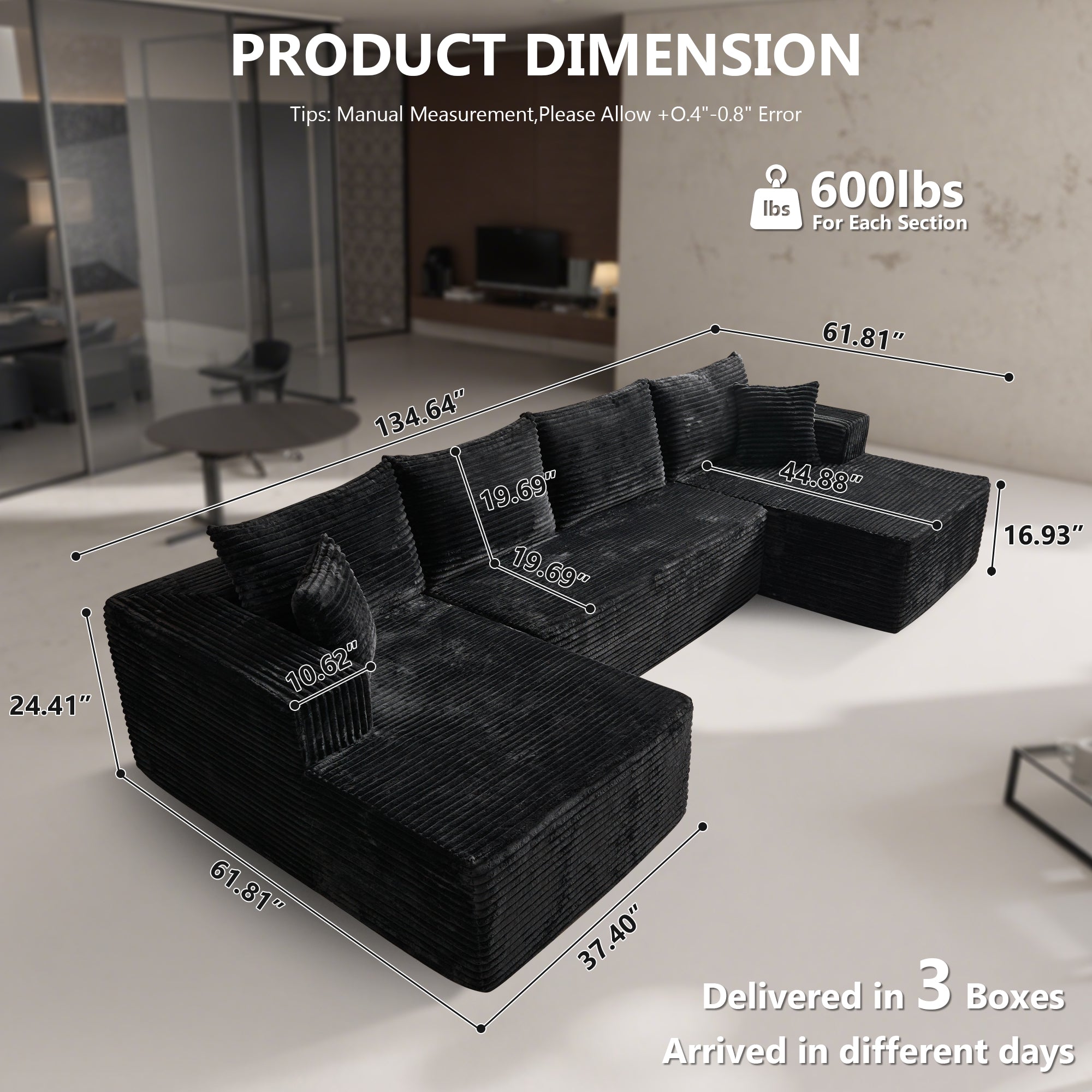 OVIOS 134" U-Shape Modular Couch , Plush Corduroy Fabric, No Assembly Required, view 6