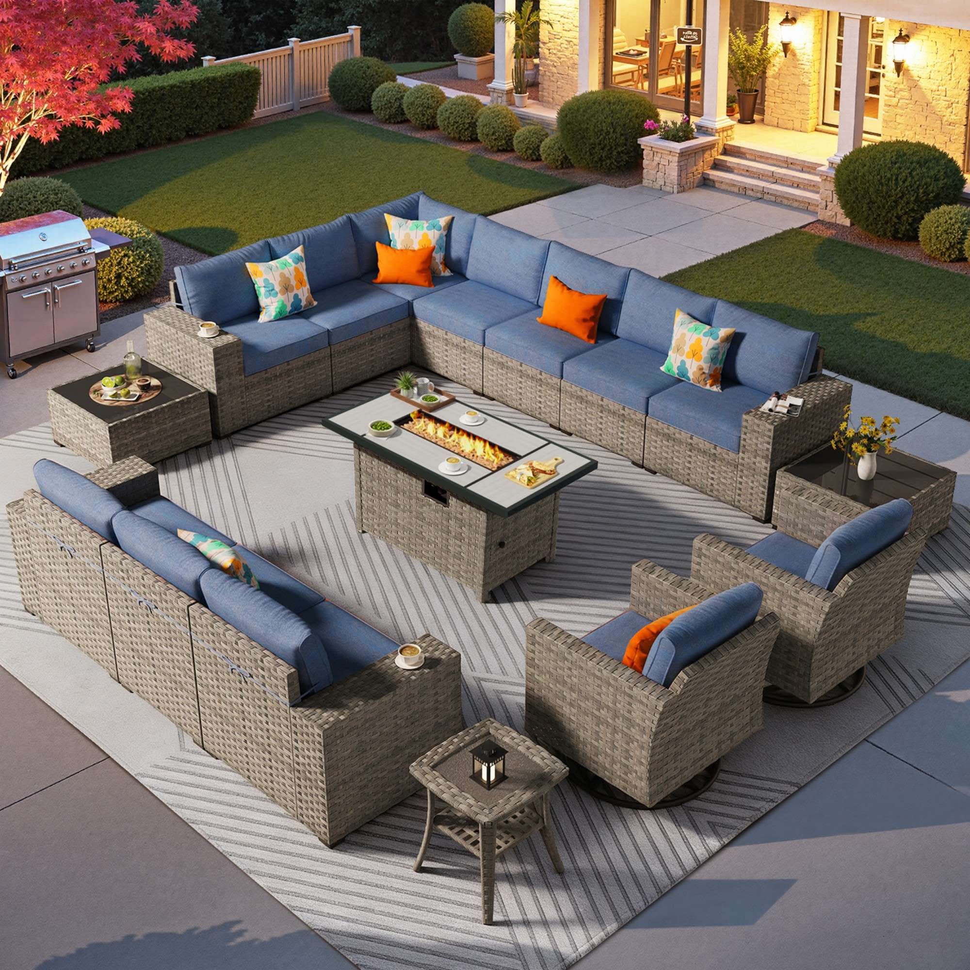 OVIOS 16 Pieces Outdoor Patio Furniture Set with Wicker Fire Pit Table and Chairs with Wide Armrests