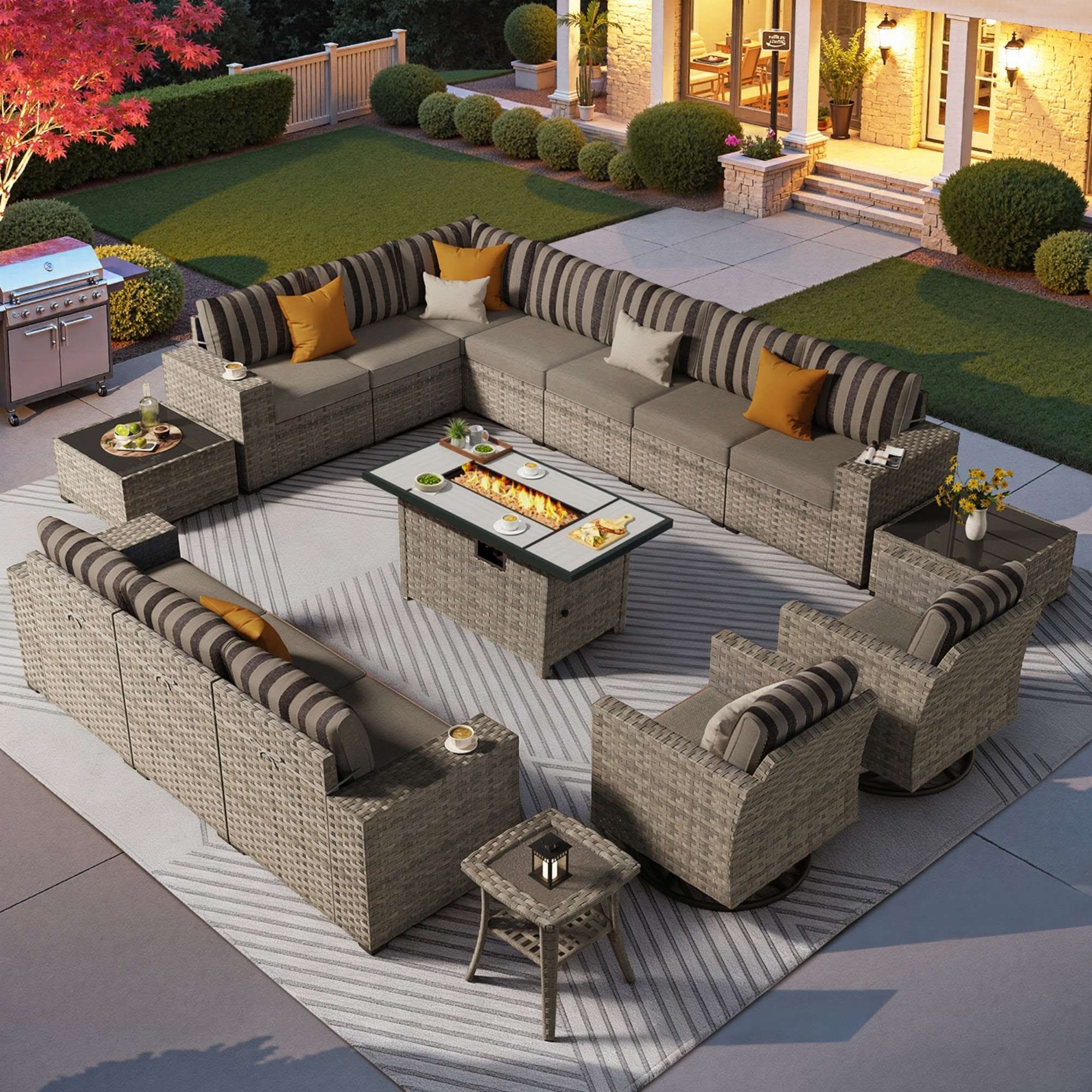 OVIOS 16 Pieces Outdoor Patio Furniture Set with Wicker Fire Pit Table and Chairs with Wide Armrests, view 3