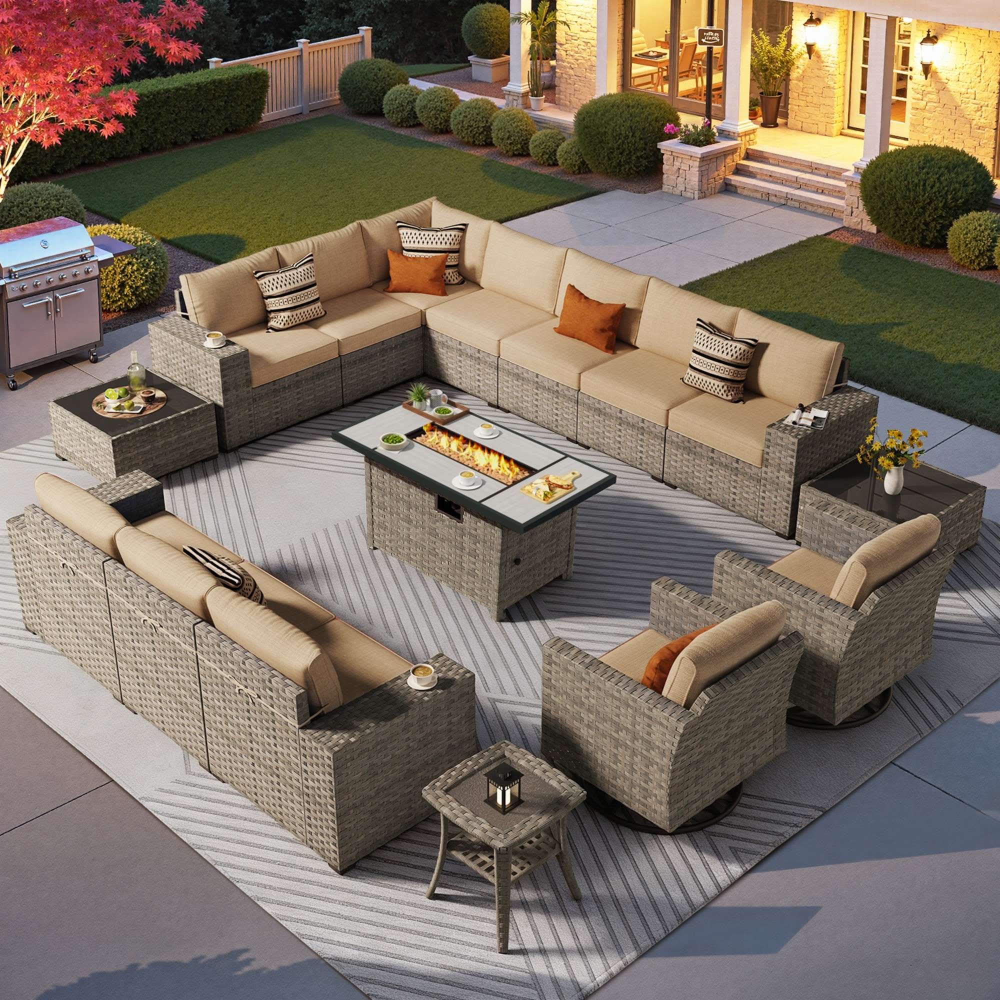 OVIOS 16 Pieces Outdoor Patio Furniture Set with Wicker Fire Pit Table and Chairs with Wide Armrests, view 4