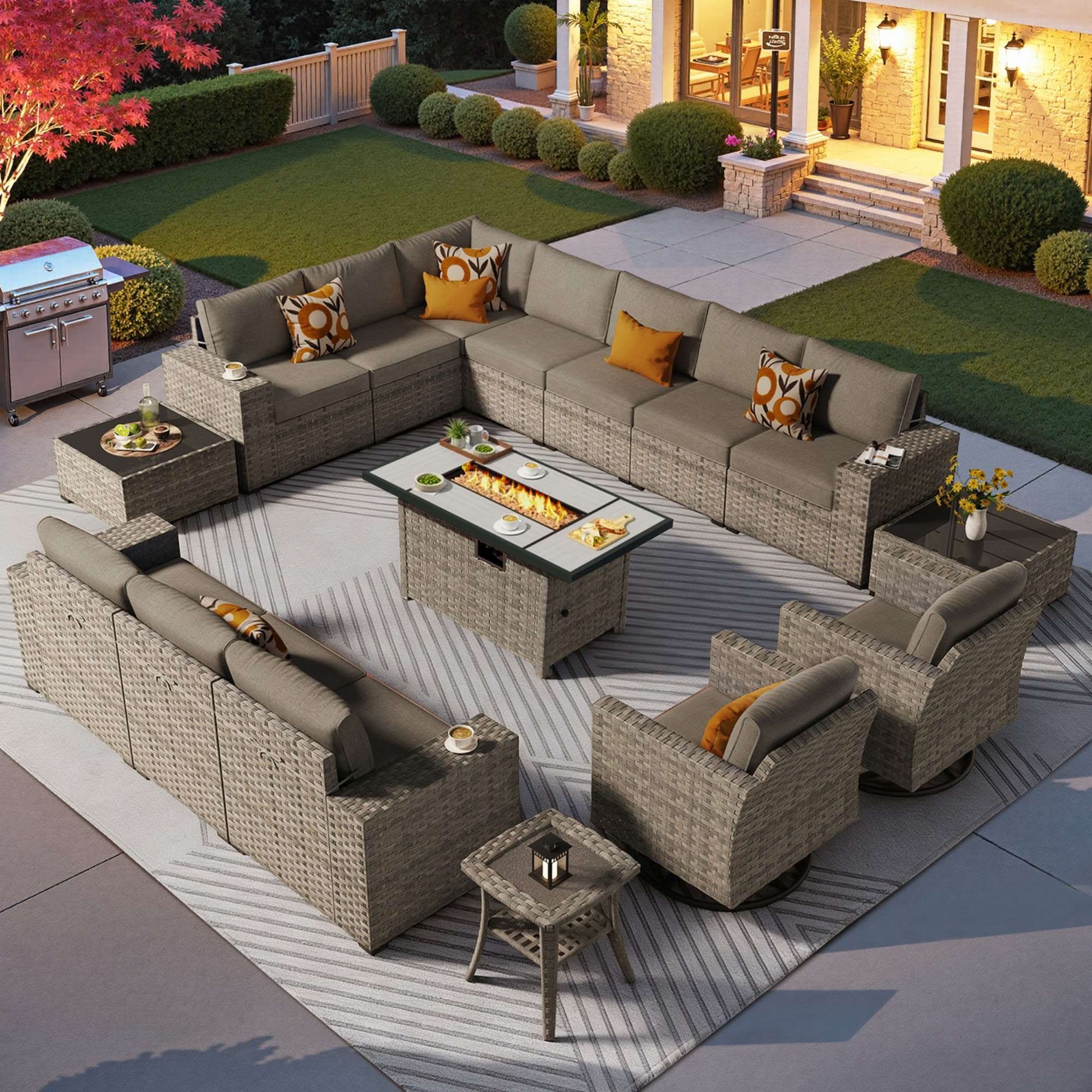 OVIOS 16 Pieces Outdoor Patio Furniture Set with Wicker Fire Pit Table and Chairs with Wide Armrests, view 5