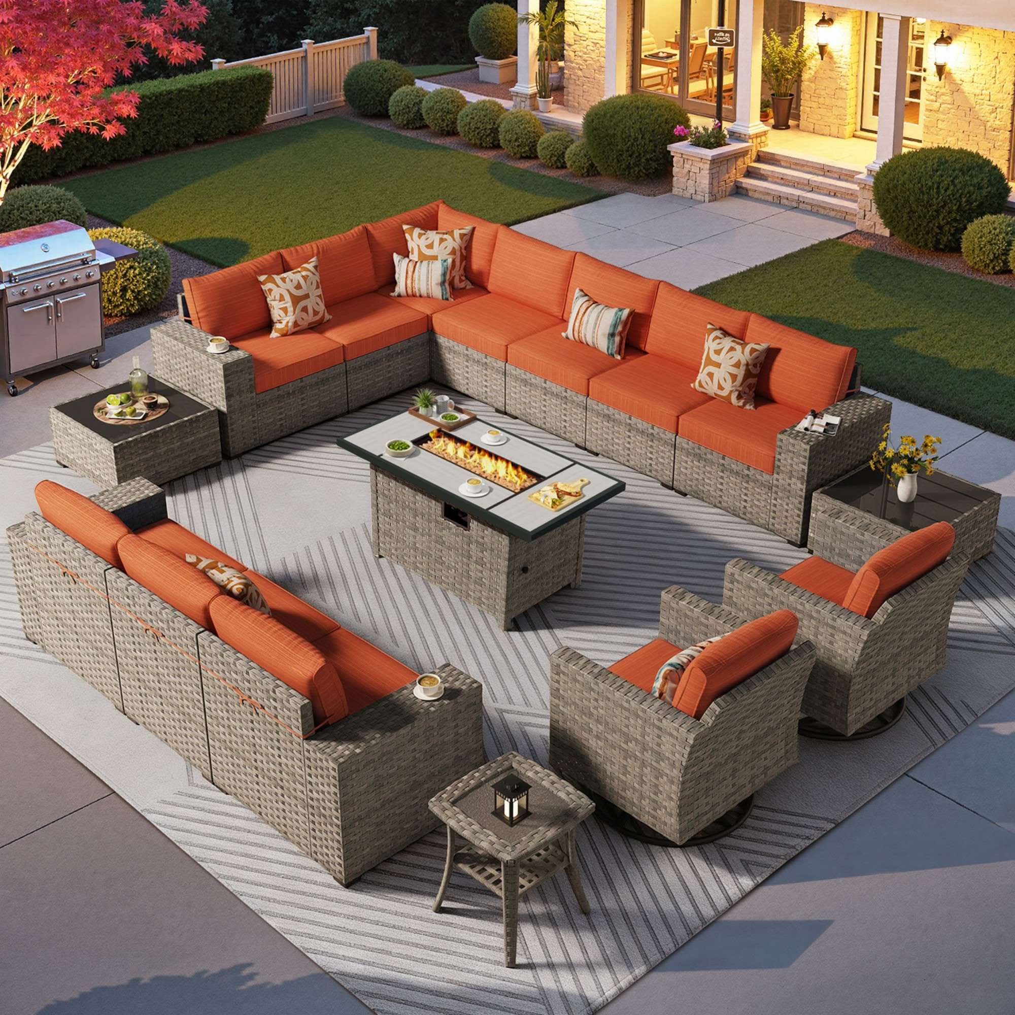 OVIOS 16 Pieces Outdoor Patio Furniture Set with Wicker Fire Pit Table and Chairs with Wide Armrests, view 6