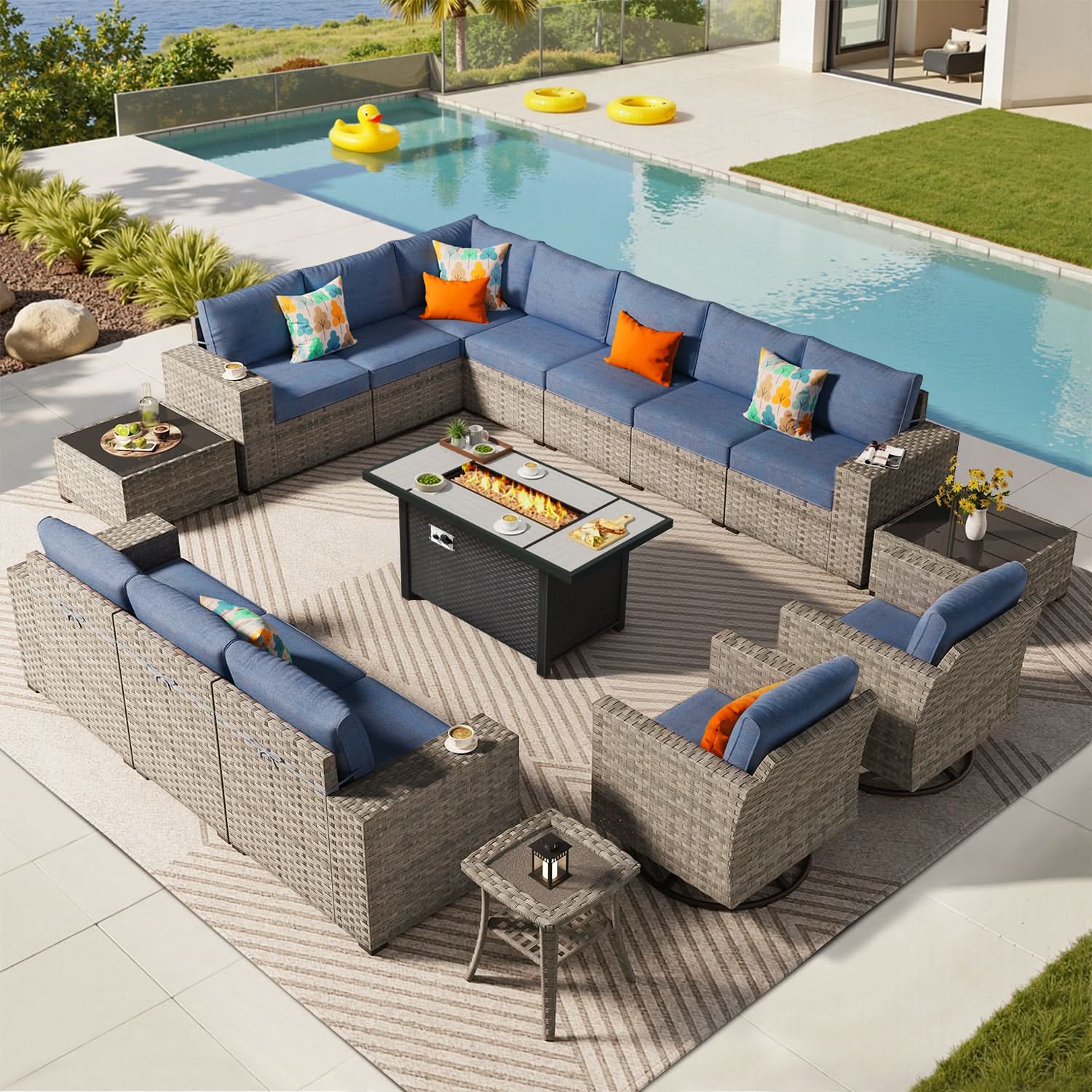 OVIOS 16 Pieces Outdoor Patio Furniture Set with Fire Pit Table Wide Armrest Chairs and Rocking Chairs