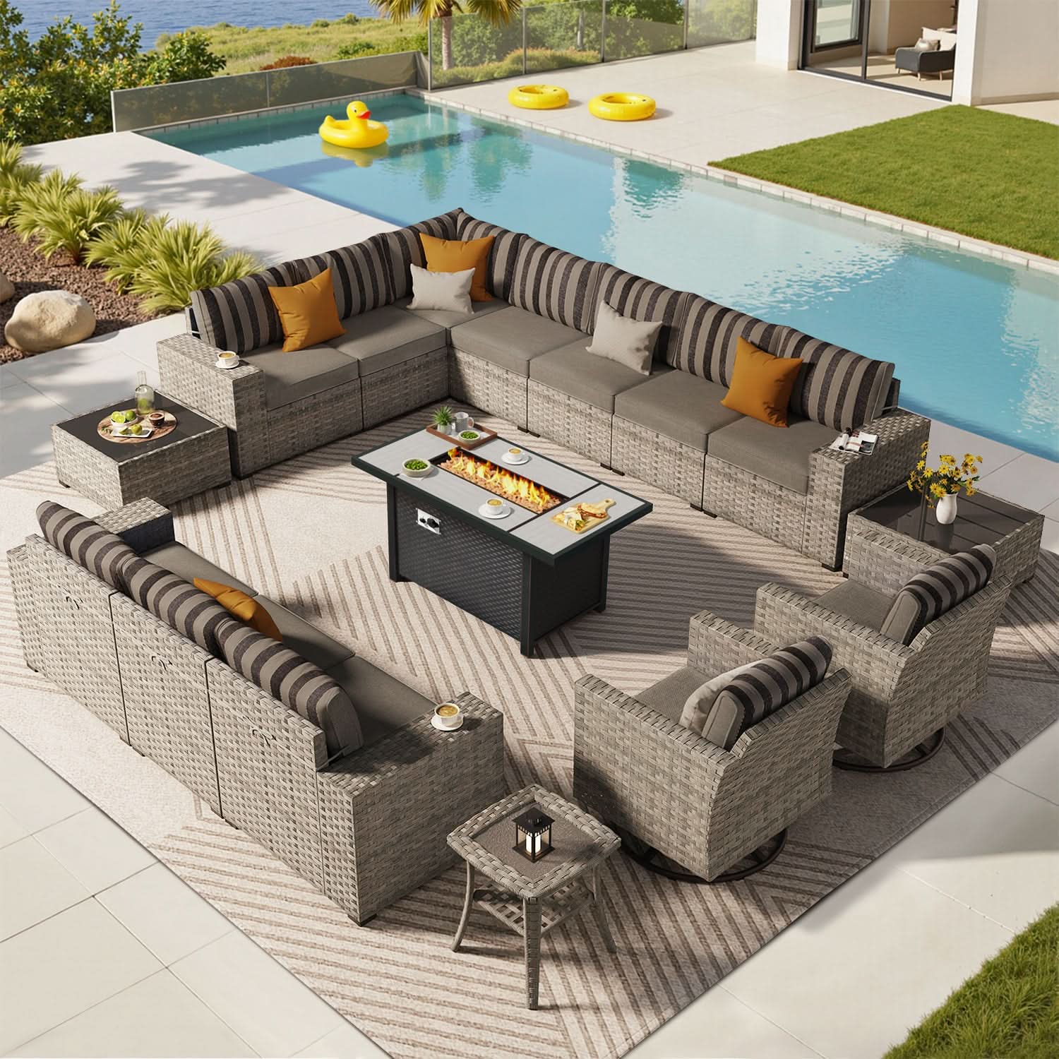 OVIOS 16 Pieces Outdoor Patio Furniture Set with Fire Pit Table Wide Armrest Chairs and Rocking Chairs, view 3