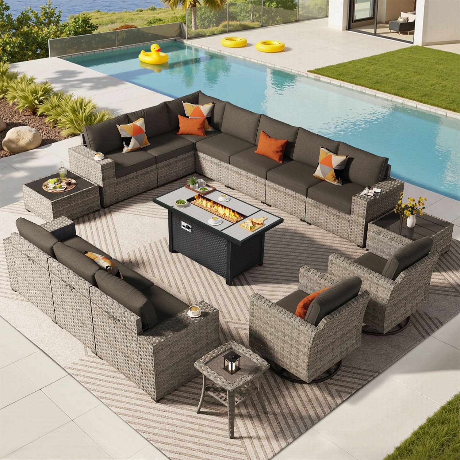 OVIOS 16 Pieces Outdoor Patio Furniture Set with Fire Pit Table Wide Armrest Chairs and Rocking Chairs, view 4