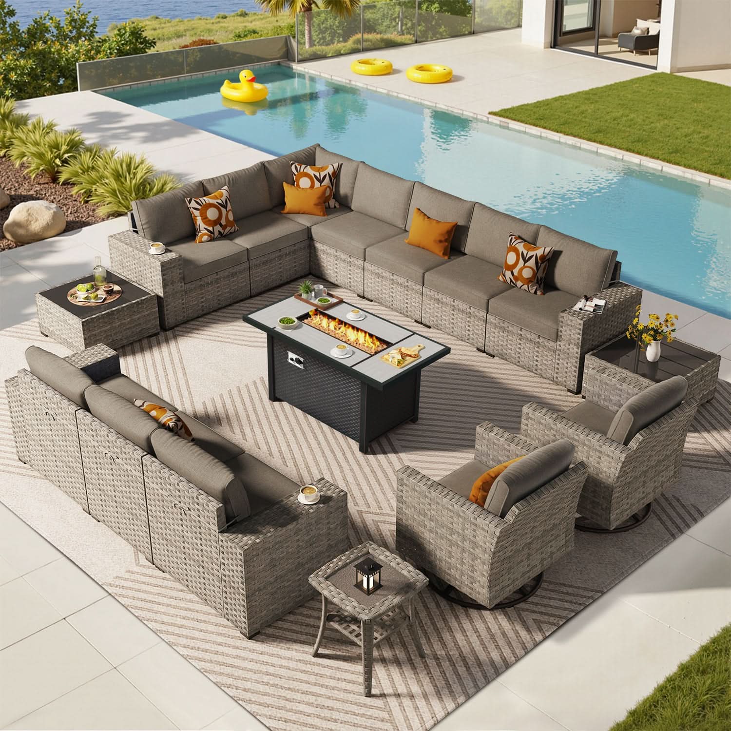 OVIOS 16 Pieces Outdoor Patio Furniture Set with Fire Pit Table Wide Armrest Chairs and Rocking Chairs, view 5