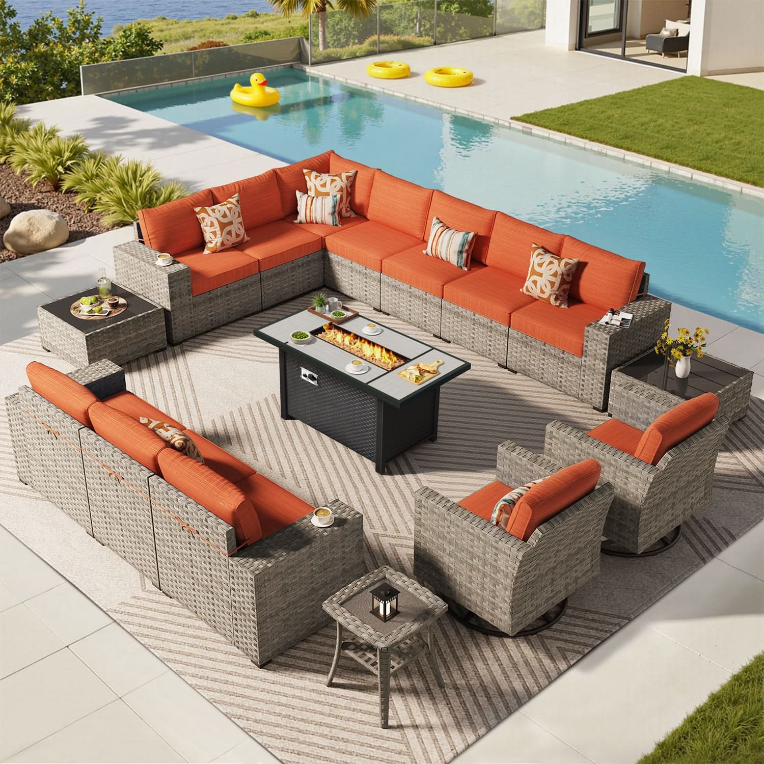 OVIOS 16 Pieces Outdoor Patio Furniture Set with Fire Pit Table Wide Armrest Chairs and Rocking Chairs, view 6