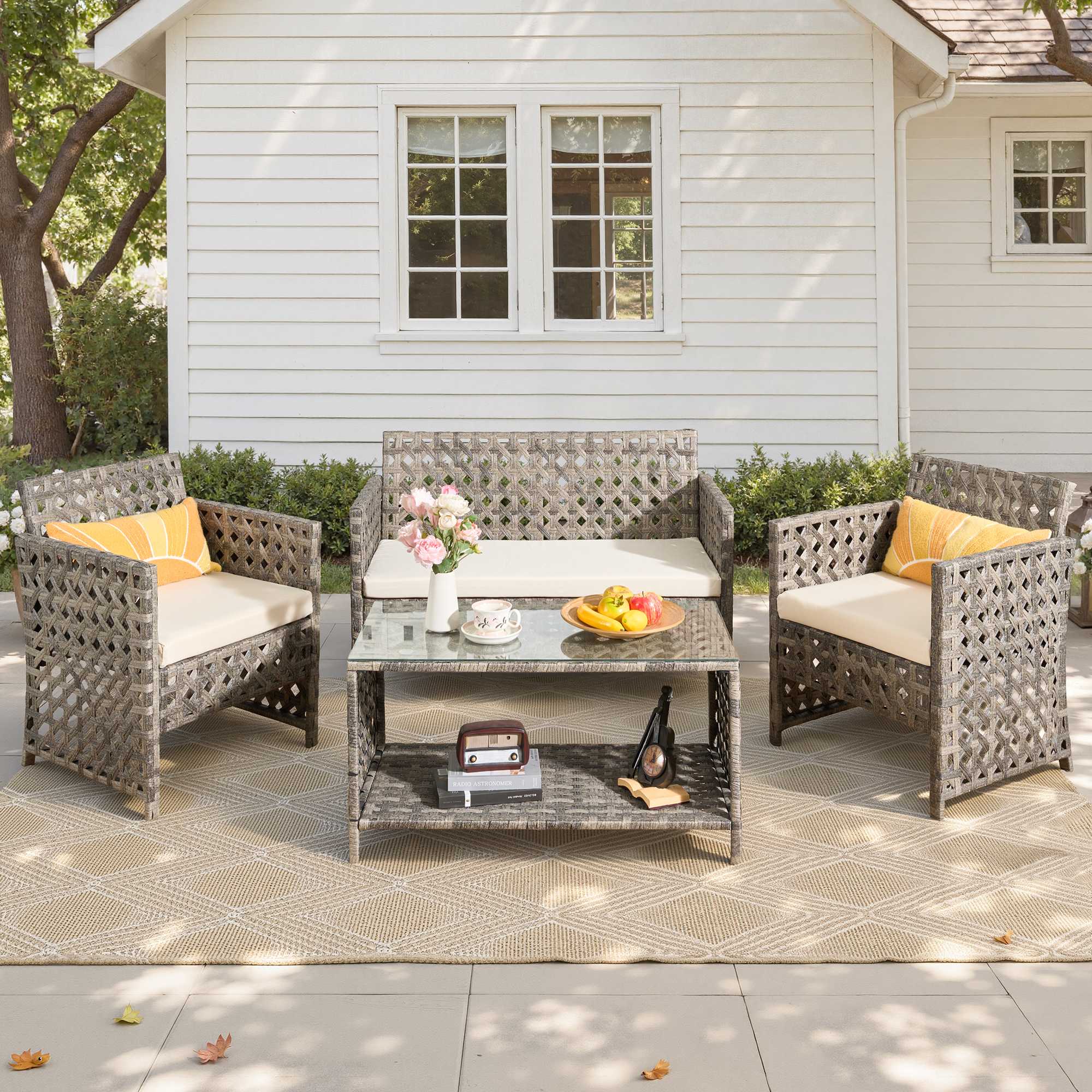 OVIOS 4-Piece Outdoor Patio Furniture Set with Handwoven Rattan & Glass Coffee Table, view 3
