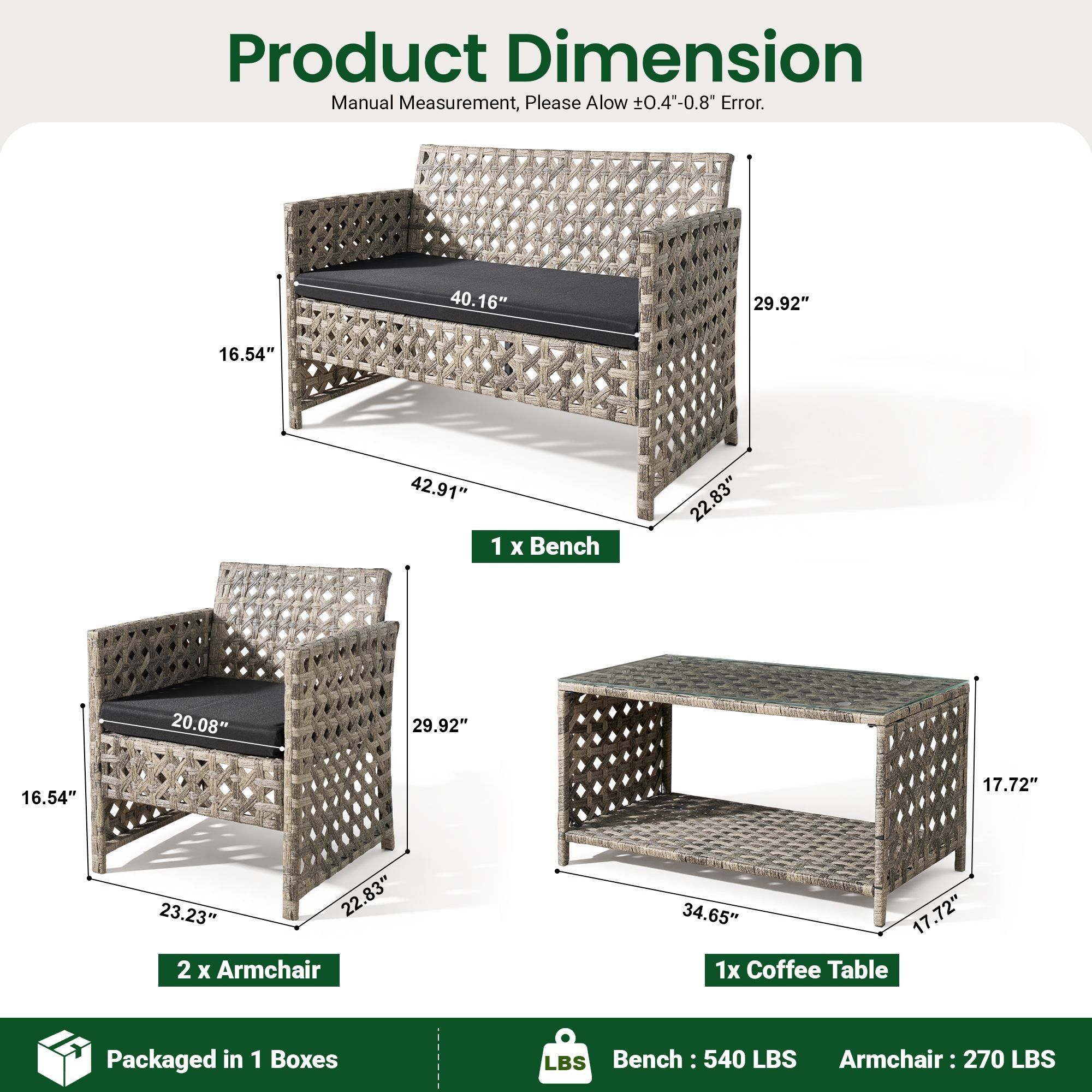 OVIOS 4-Piece Outdoor Patio Furniture Set with Handwoven Rattan & Glass Coffee Table, view 4