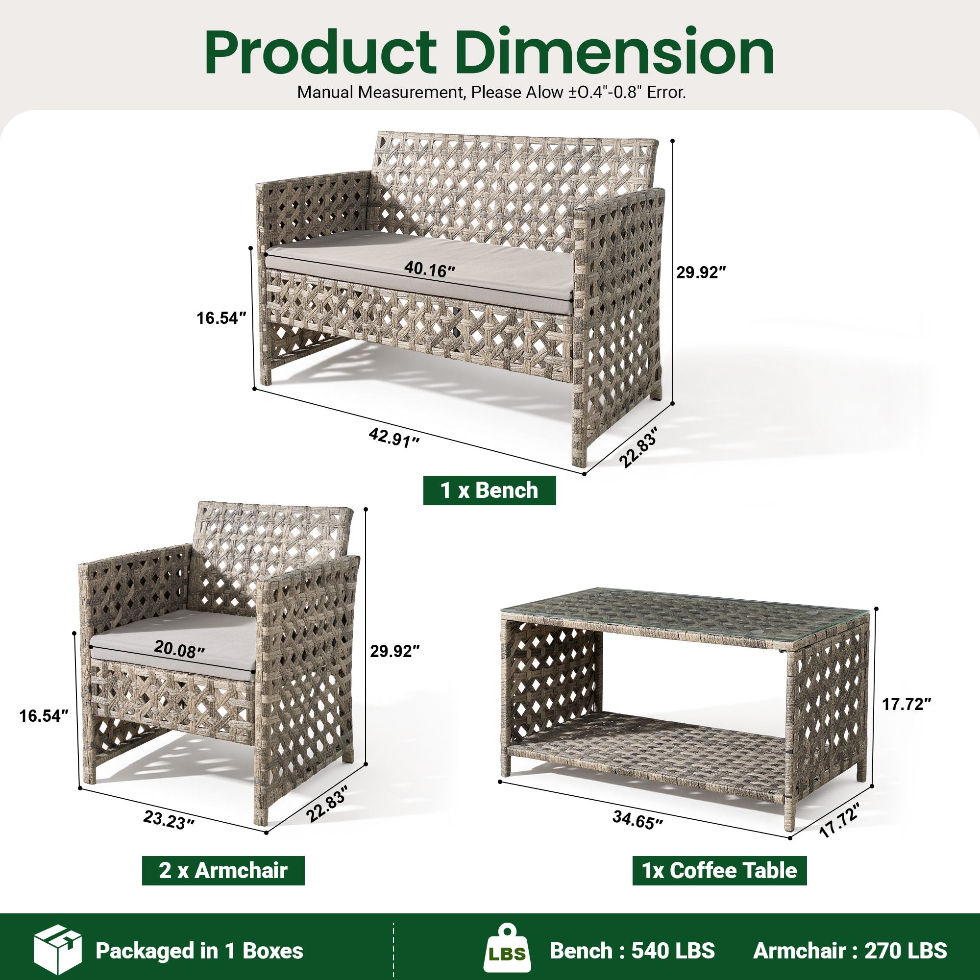 OVIOS 4-Piece Outdoor Patio Furniture Set with Handwoven Rattan & Glass Coffee Table, view 5