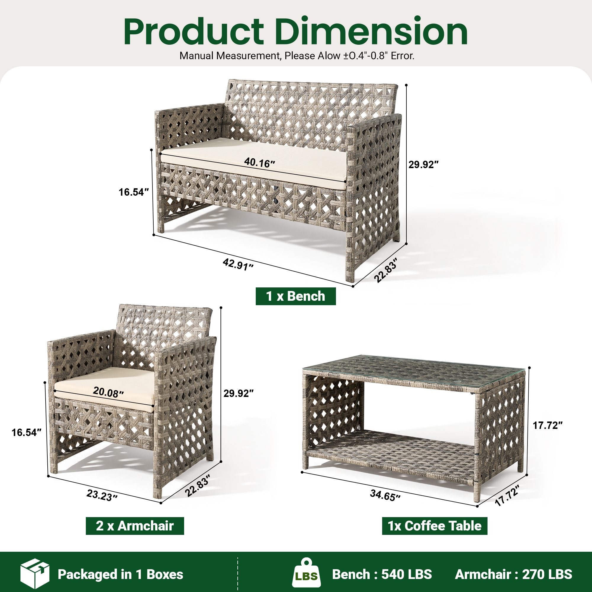 OVIOS 4-Piece Outdoor Patio Furniture Set with Handwoven Rattan & Glass Coffee Table, view 6