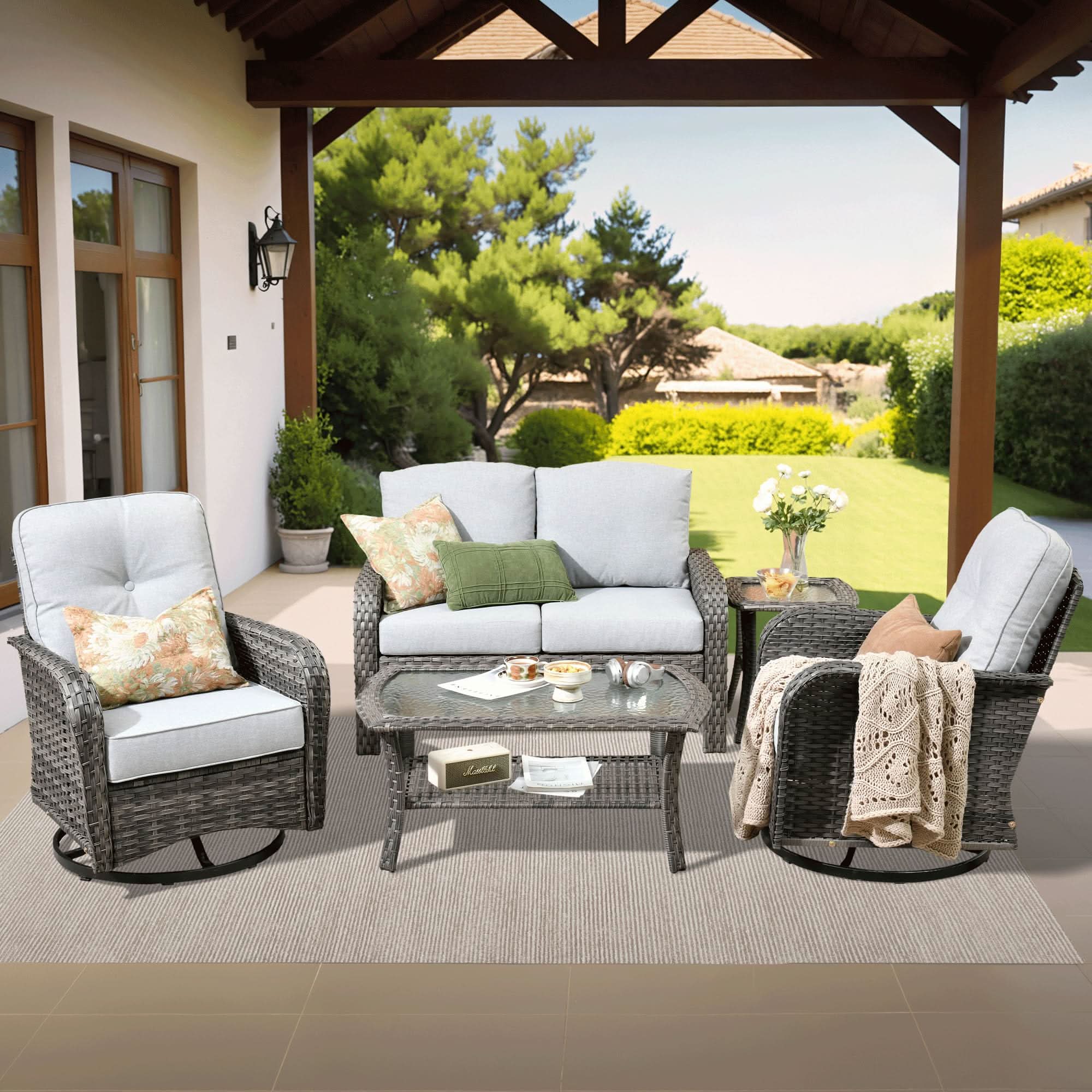 OVIOS 5 Pieces Patio Furniture Set, Outdoor Wicker Sofa with Swivel Chairs, view 3