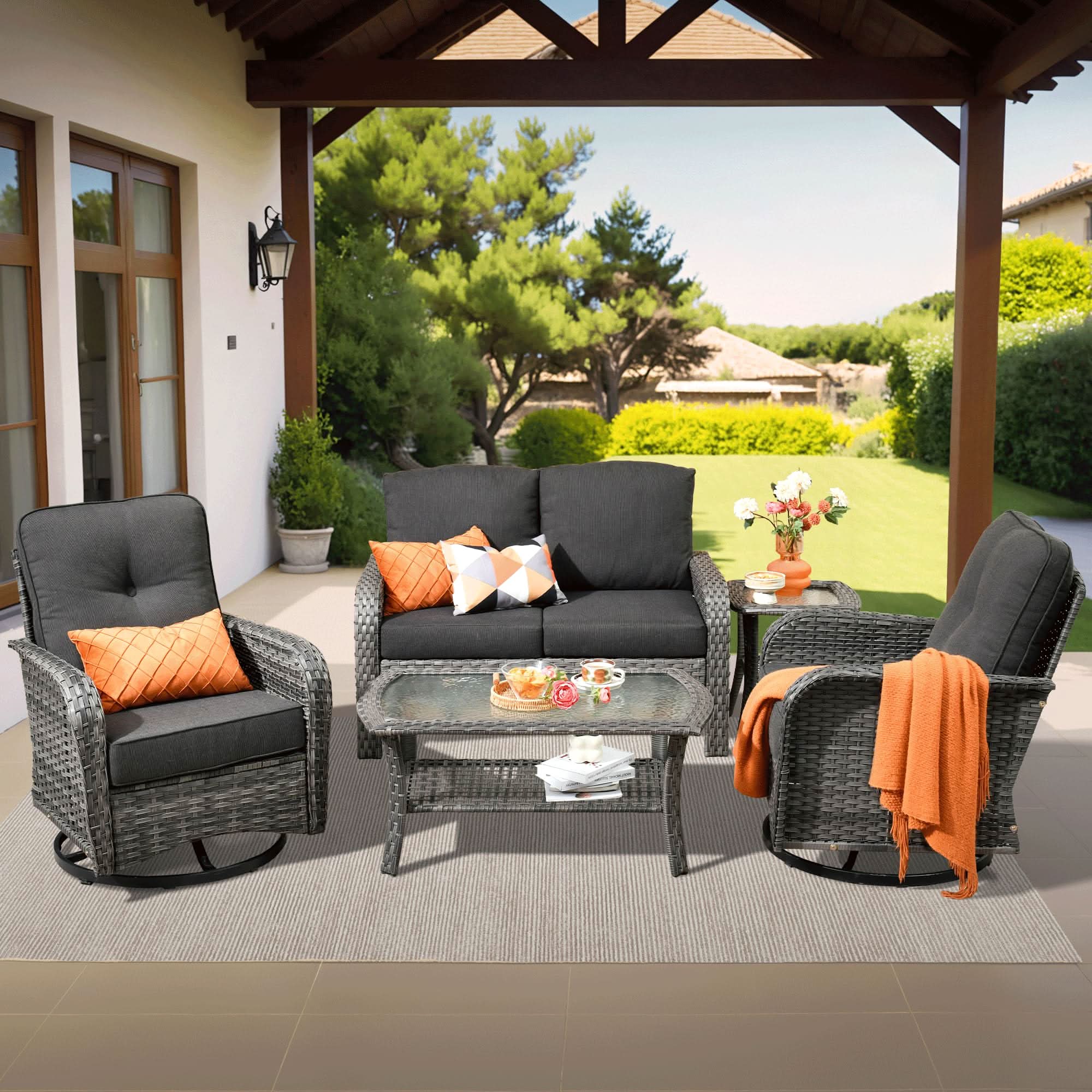 OVIOS 5 Pieces Patio Furniture Set, Outdoor Wicker Sofa with Swivel Chairs, view 4