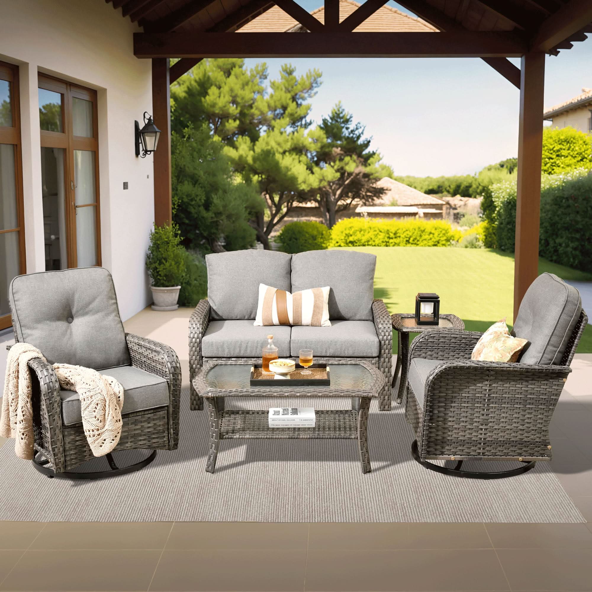 OVIOS 5 Pieces Patio Furniture Set, Outdoor Wicker Sofa with Swivel Chairs, view 5