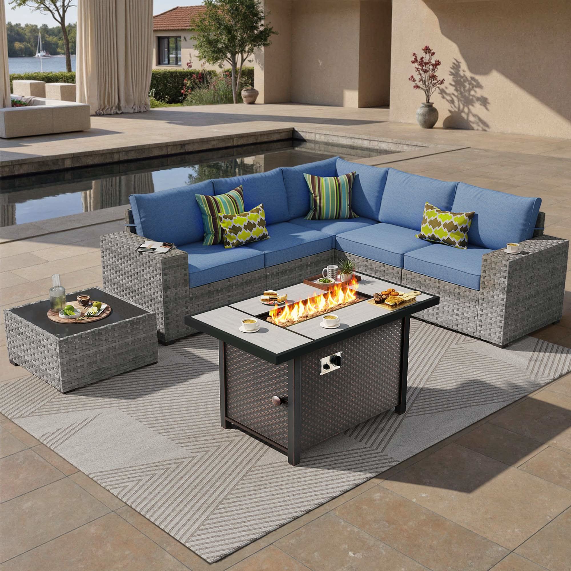 OVIOS 7 Pieces Outdoor Patio Furniture Set with Fire Pit Table and Wide Armrest Chairs