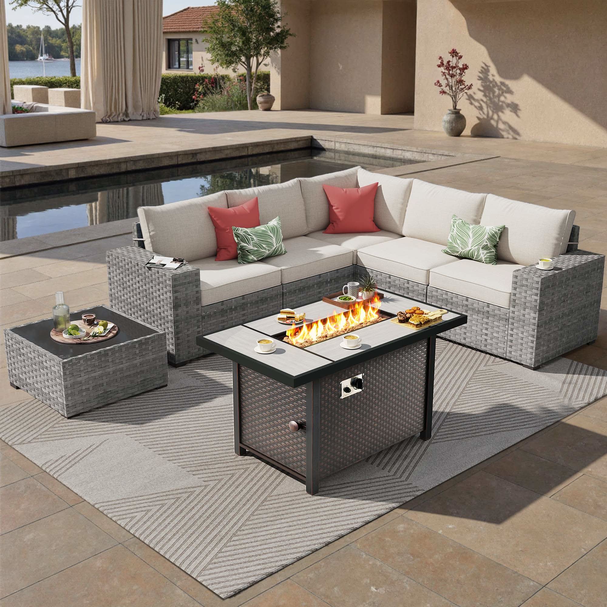 OVIOS 7 Pieces Outdoor Patio Furniture Set with Fire Pit Table  and Wide Armrest Chairs, view 3
