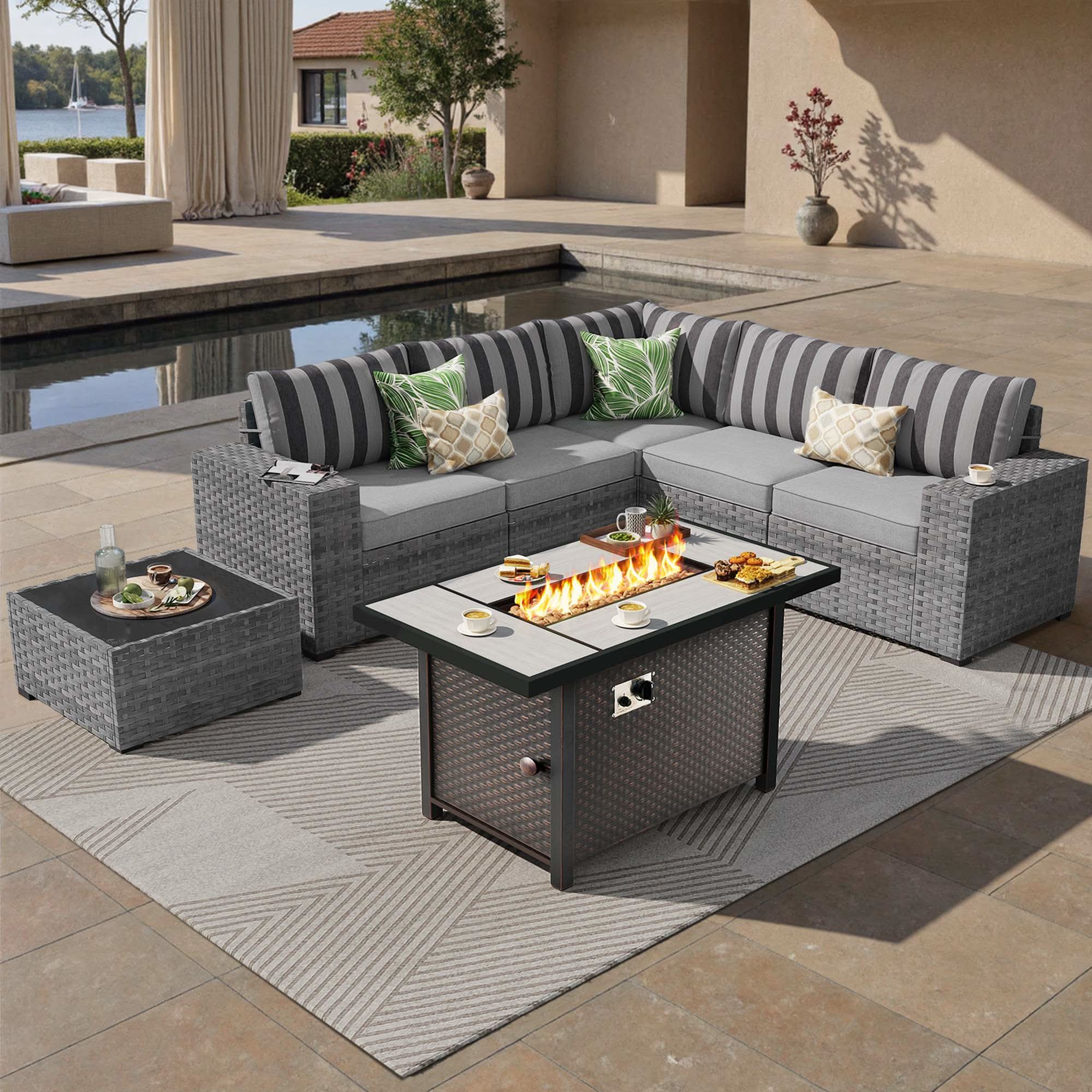 OVIOS 7 Pieces Outdoor Patio Furniture Set with Fire Pit Table  and Wide Armrest Chairs, view 4