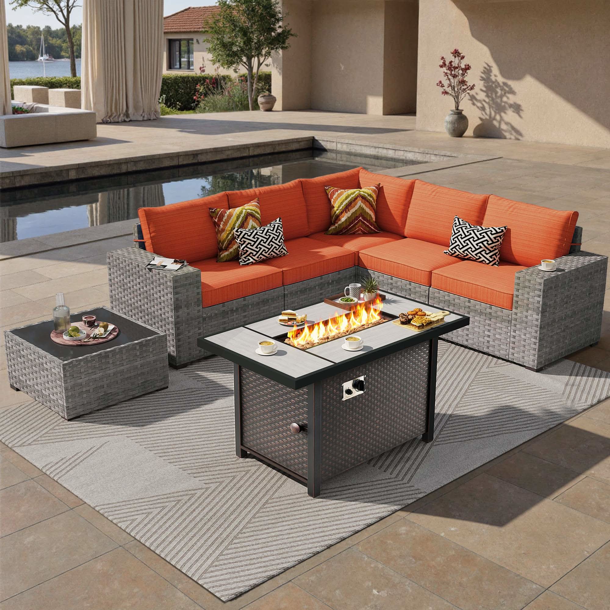 OVIOS 7 Pieces Outdoor Patio Furniture Set with Fire Pit Table  and Wide Armrest Chairs, view 5