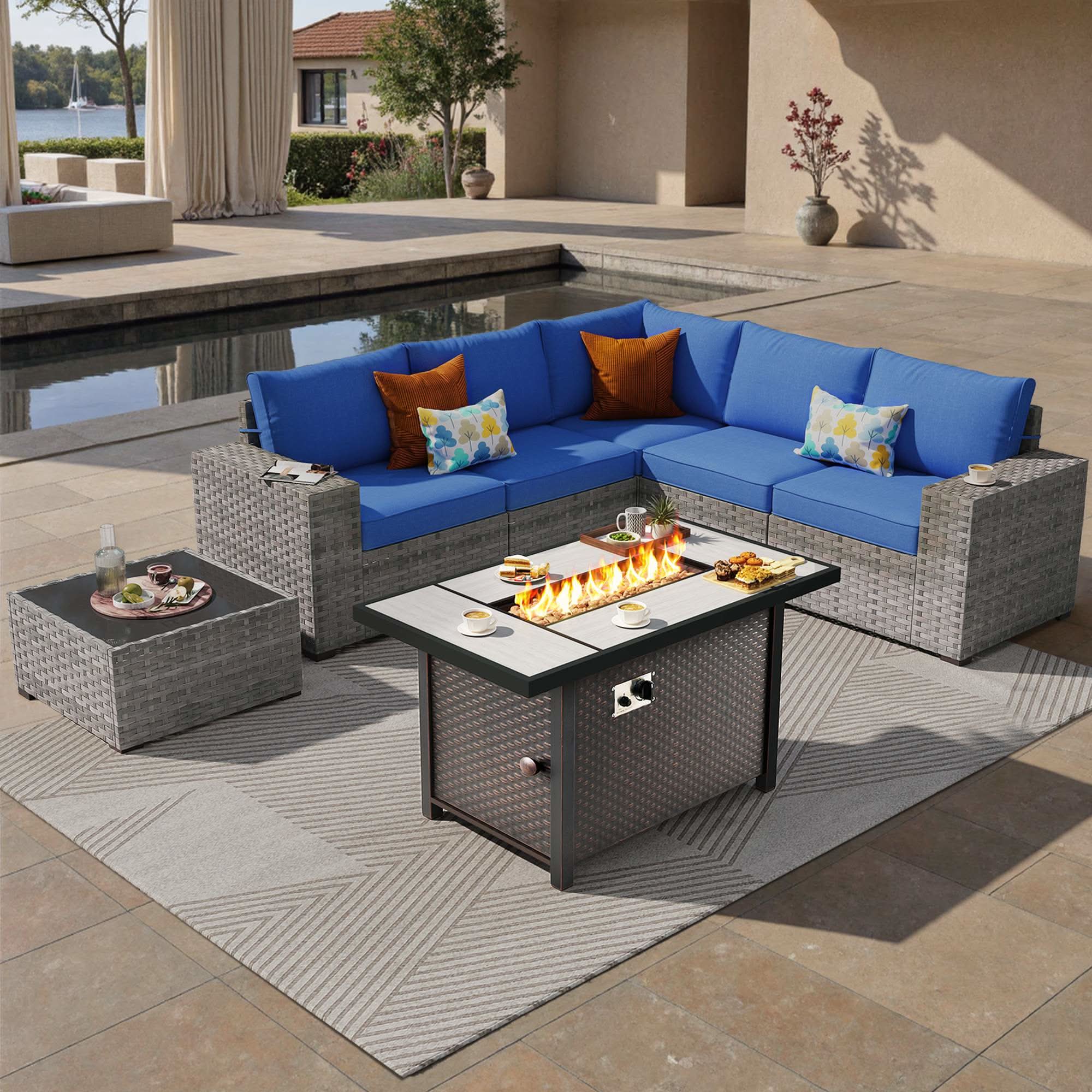 OVIOS 7 Pieces Outdoor Patio Furniture Set with Fire Pit Table  and Wide Armrest Chairs, view 6