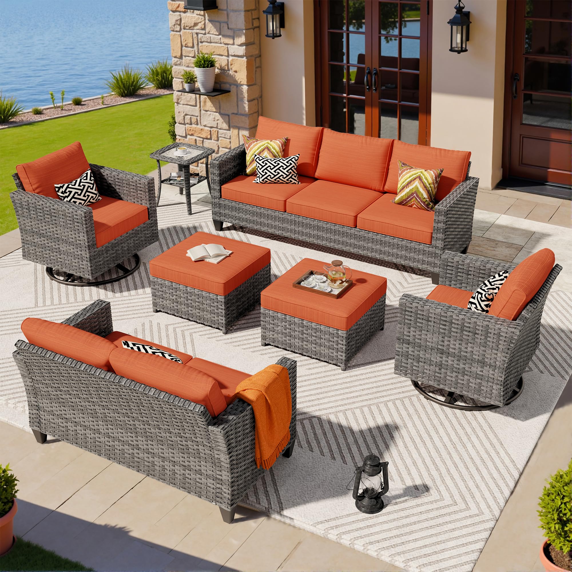 Ovios 7 Pieces Patio Furniture Set, Outdoor Wicker Sofa with Rocking Swivel Chairs, view 3