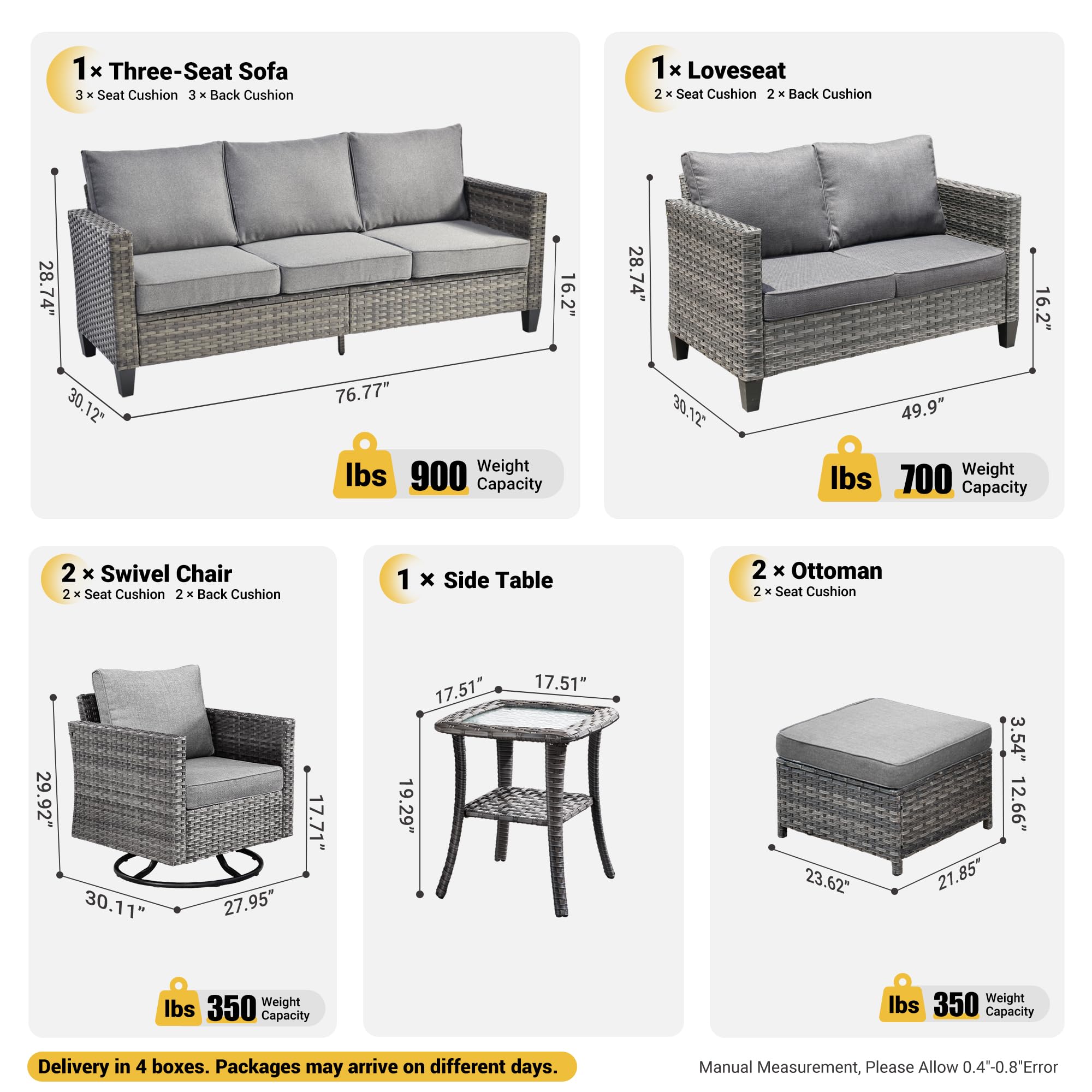 Ovios 7 Pieces Patio Furniture Set, Outdoor Wicker Sofa with Rocking Swivel Chairs, view 4