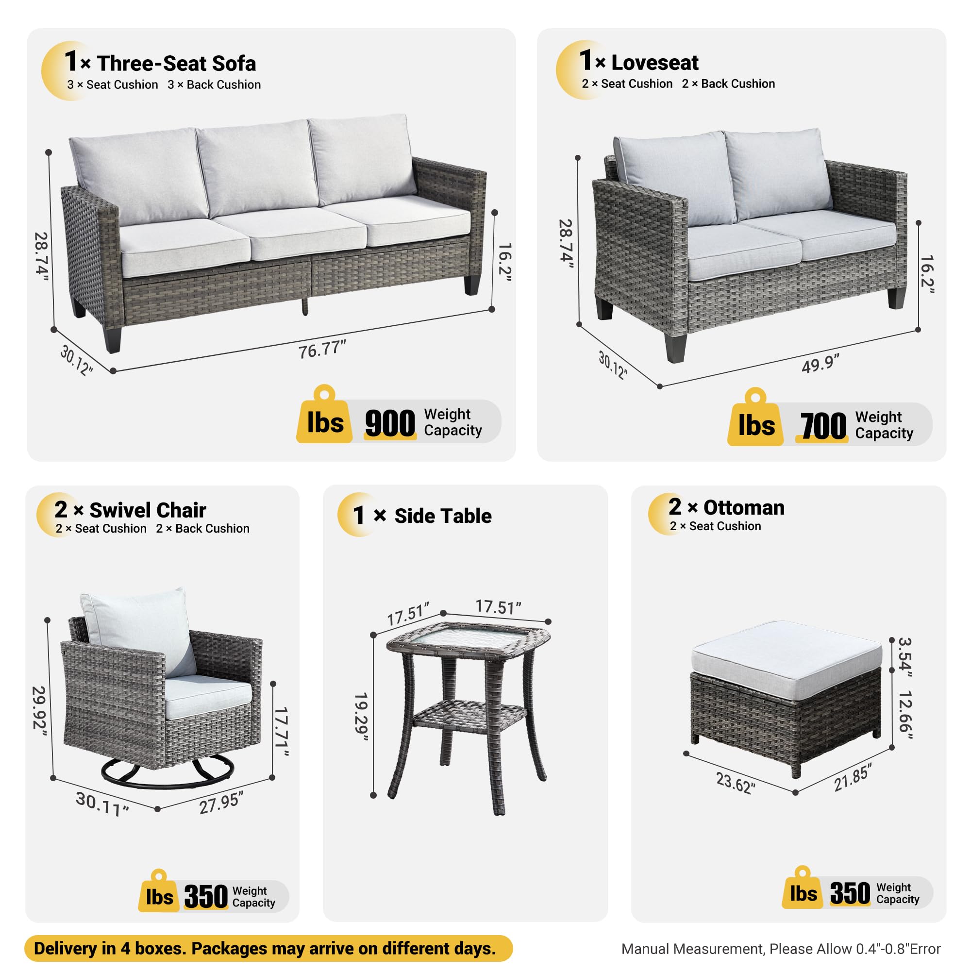 Ovios 7 Pieces Patio Furniture Set, Outdoor Wicker Sofa with Rocking Swivel Chairs, view 5