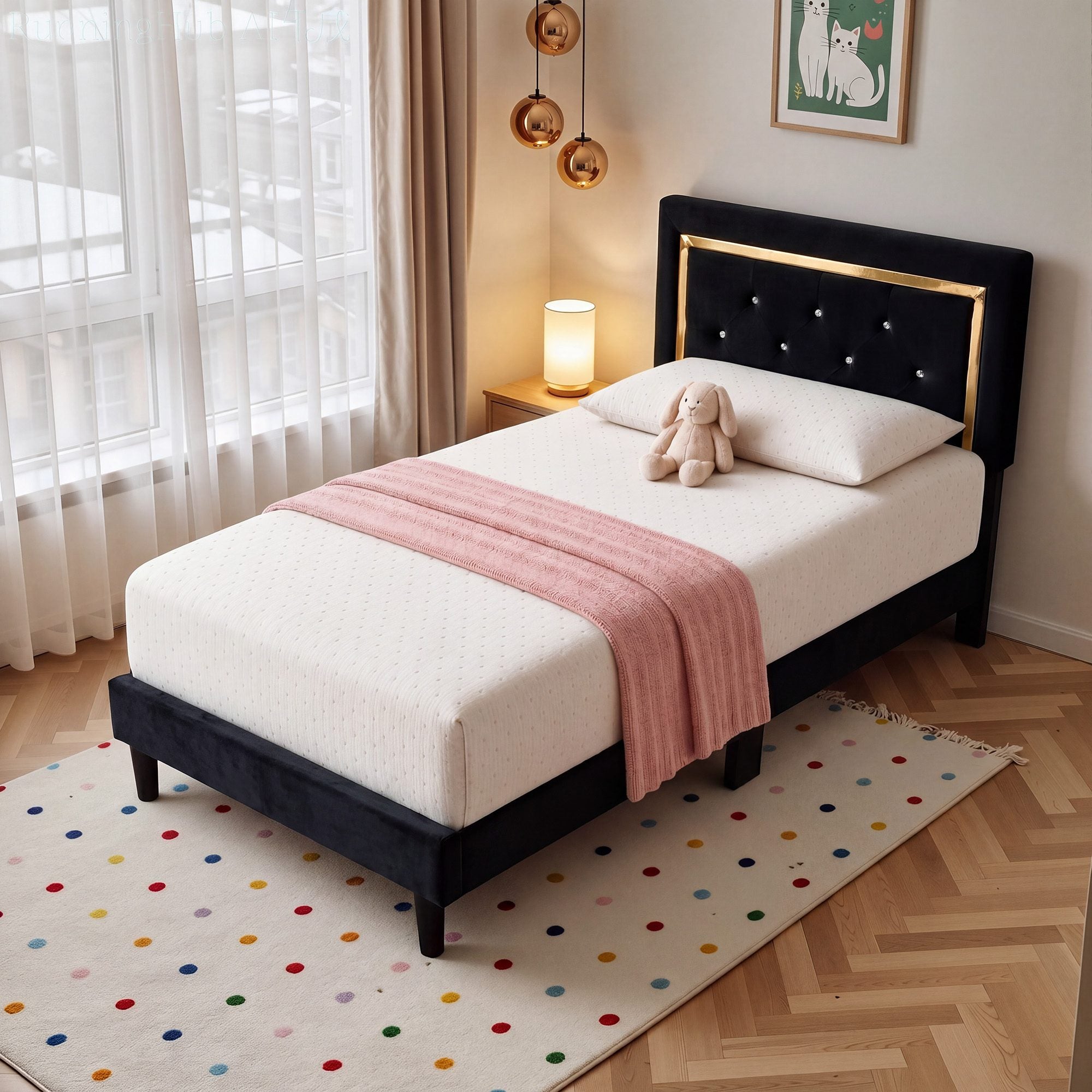 OVIOS Modern Upholstered Platform Bed Frame with Headboard No Box Spring Needed Easy Assembly Noise Free, view 5