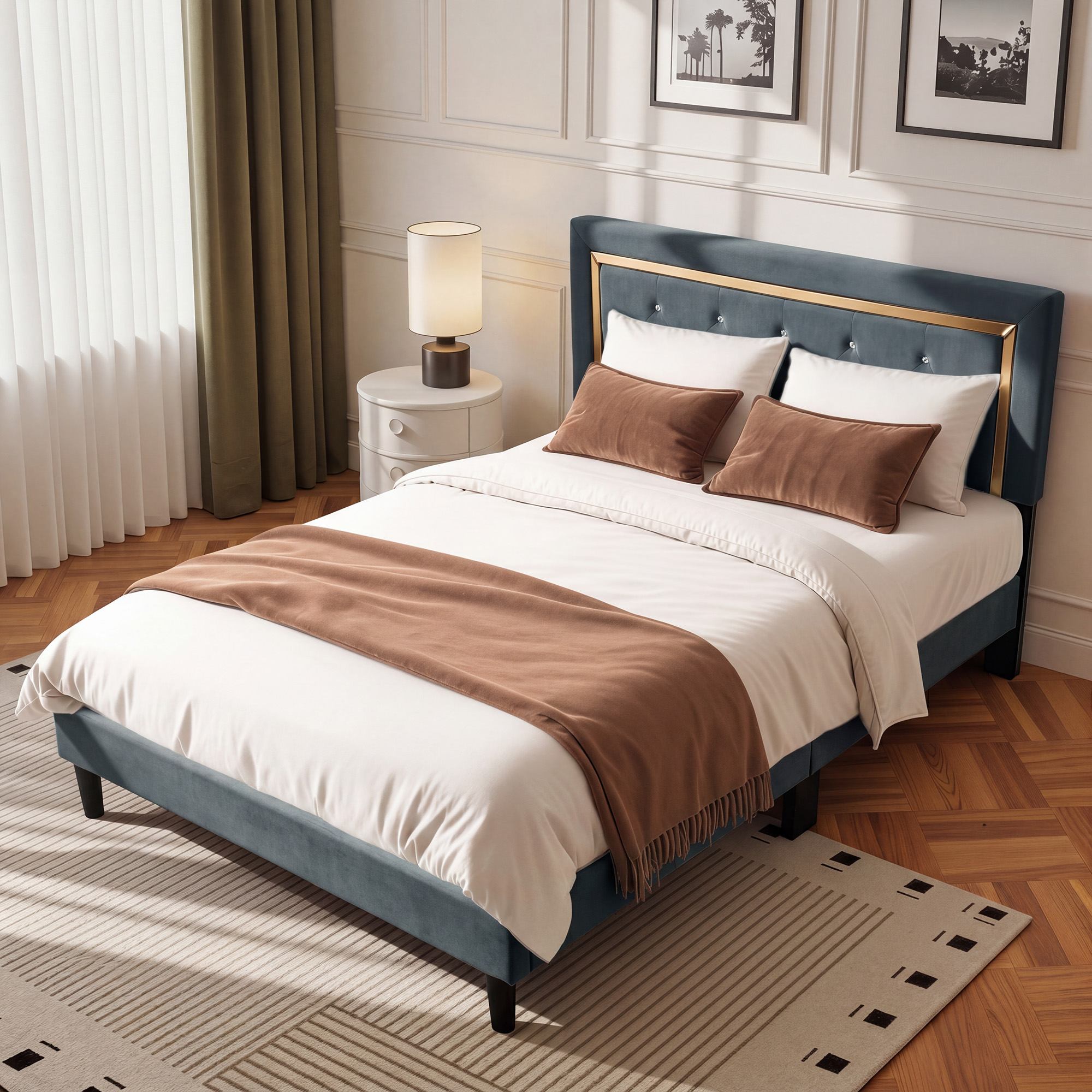 OVIOS Modern Upholstered Platform Bed Frame with Headboard No Box Spring Needed Easy Assembly Noise Free, view 6