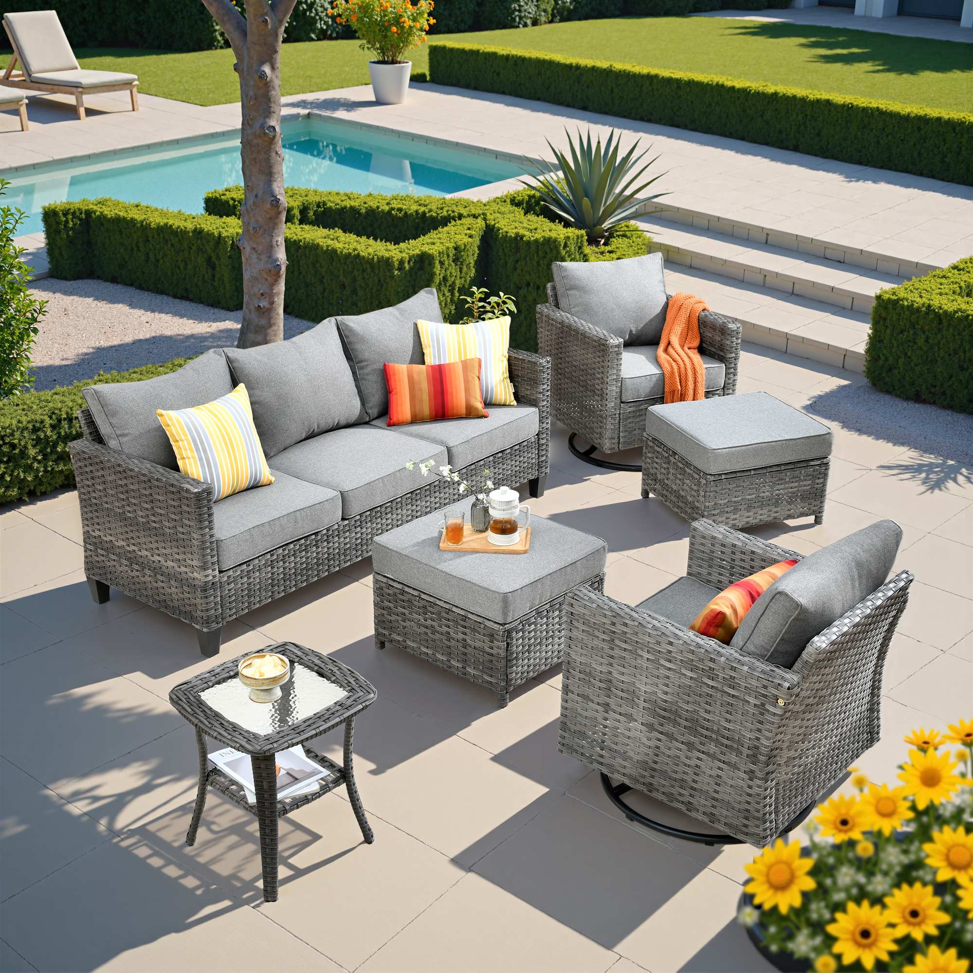OVIOS Outdoor Patio Furniture Set 6 Pieces Set with Swivel Chair, view 6