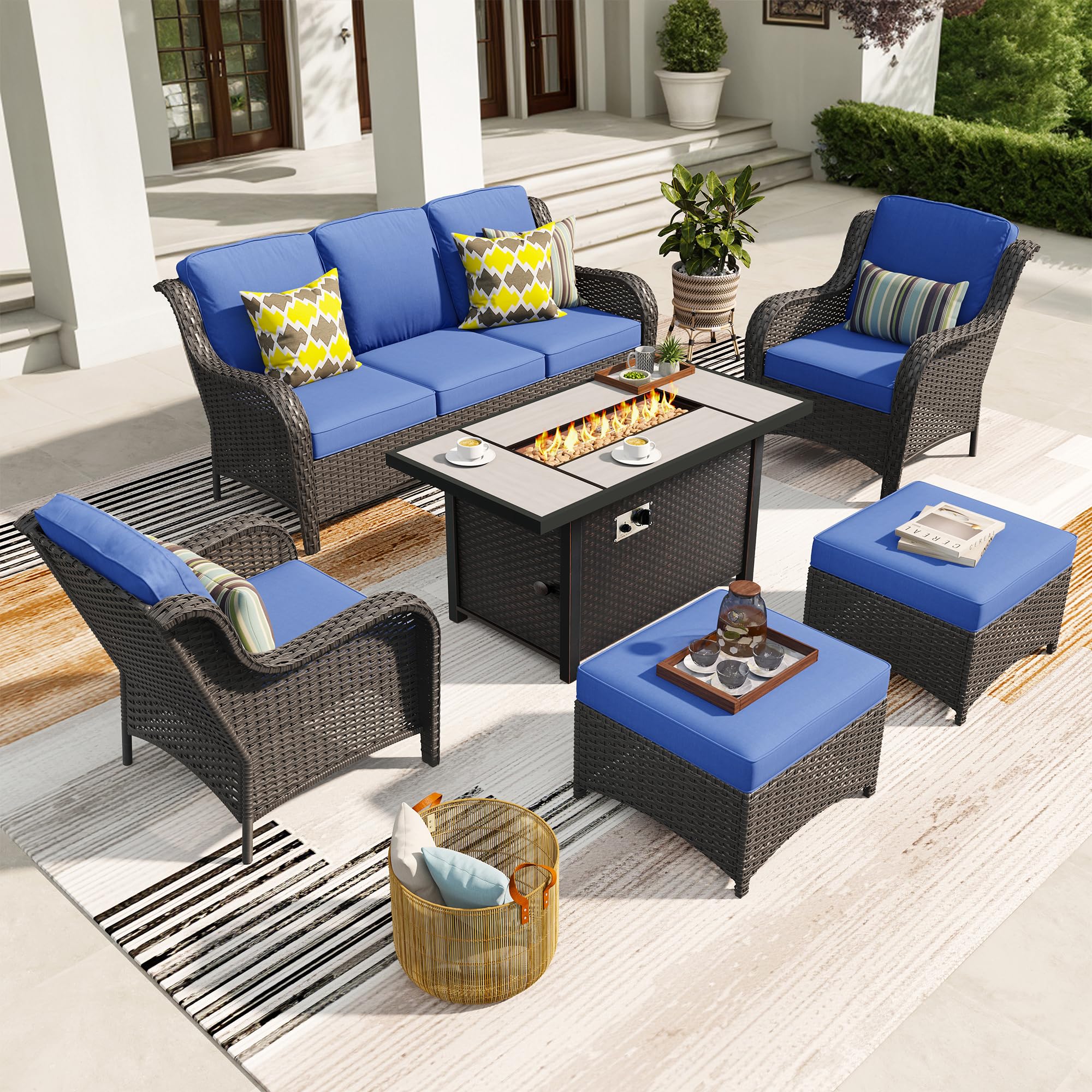 Ovios 6 Pieces Patio Furniture Set with 42" Firepit Table, Outdoor Wicker Sofa with Ottomans, view 3