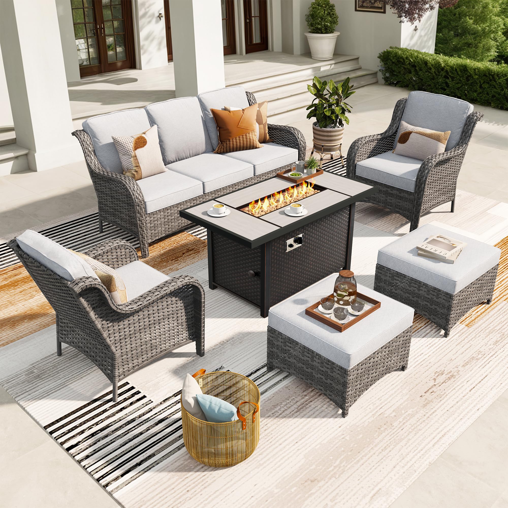 Ovios 6 Pieces Patio Furniture Set with 42" Firepit Table, Outdoor Wicker Sofa with Ottomans, view 4