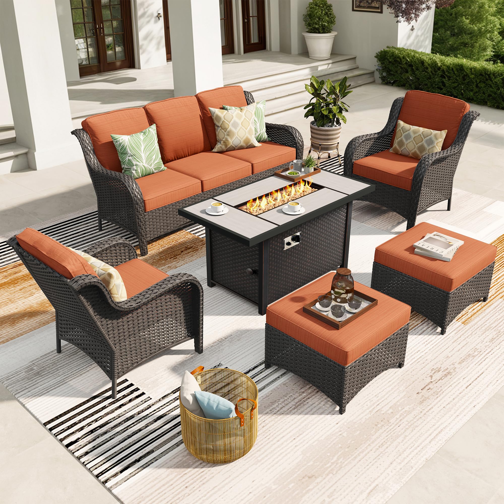 Ovios 6 Pieces Patio Furniture Set with 42" Firepit Table, Outdoor Wicker Sofa with Ottomans, view 5