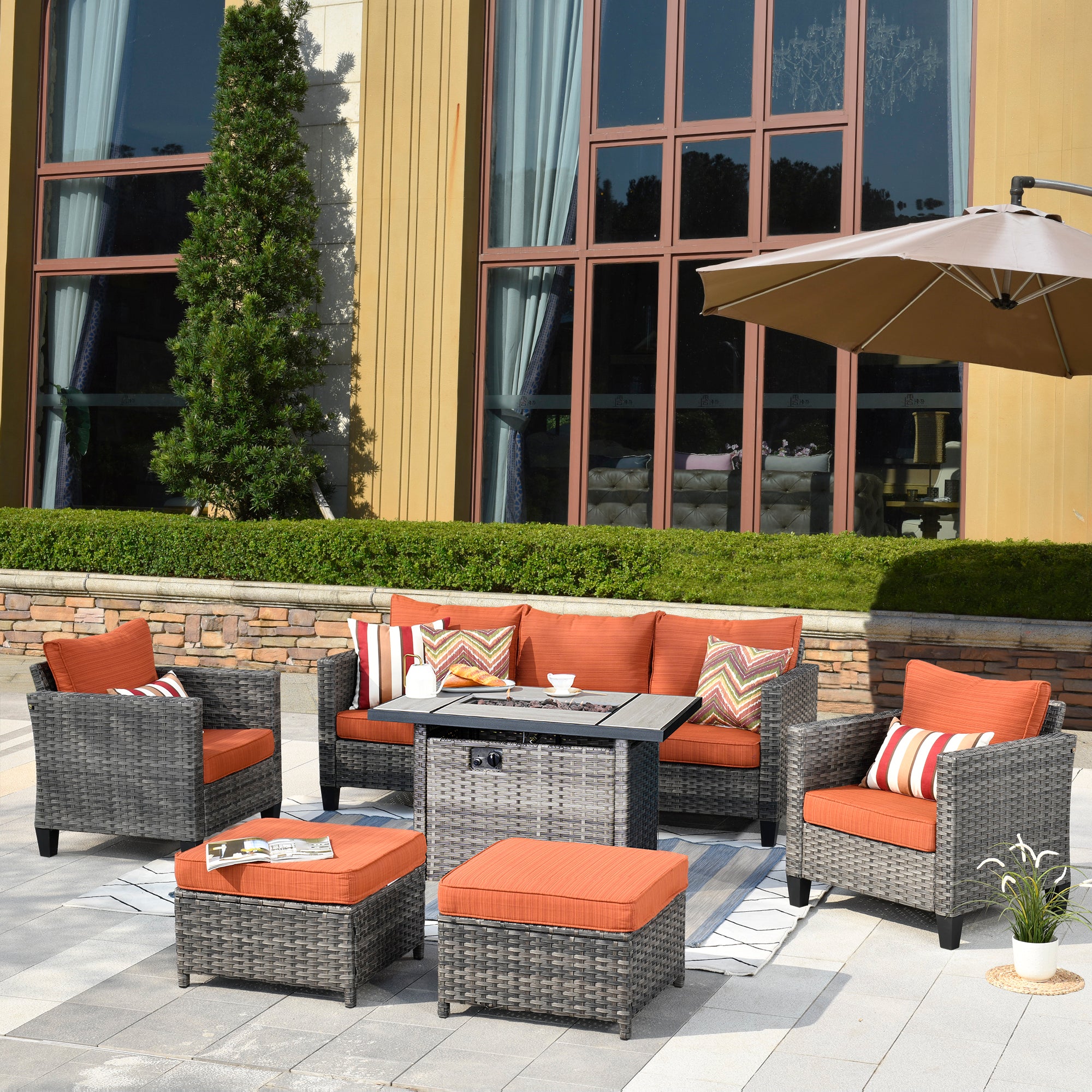 OVIOS Patio Conversation Set 6-Piece with Rectangle 42'' Fire Pit Table and Vultros Set, view 4