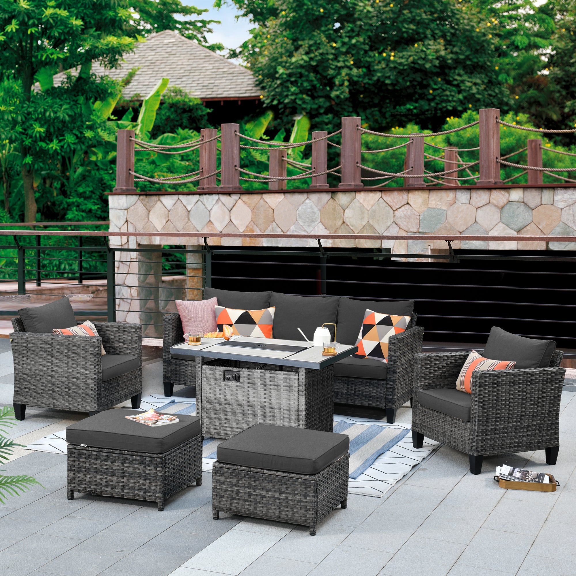 OVIOS Patio Conversation Set 6-Piece with Rectangle 42'' Fire Pit Table and Vultros Set, view 5