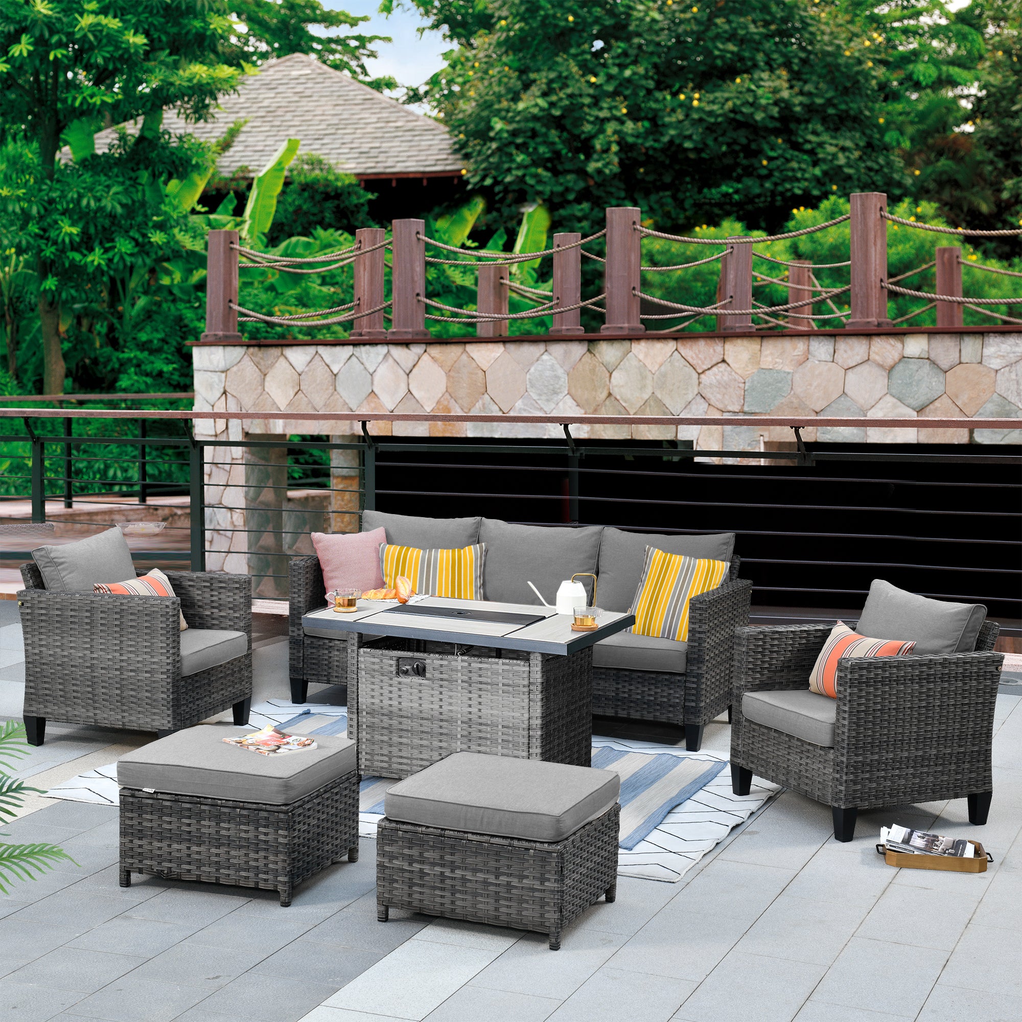 OVIOS Patio Conversation Set 6-Piece with Rectangle 42'' Fire Pit Table and Vultros Set, view 6