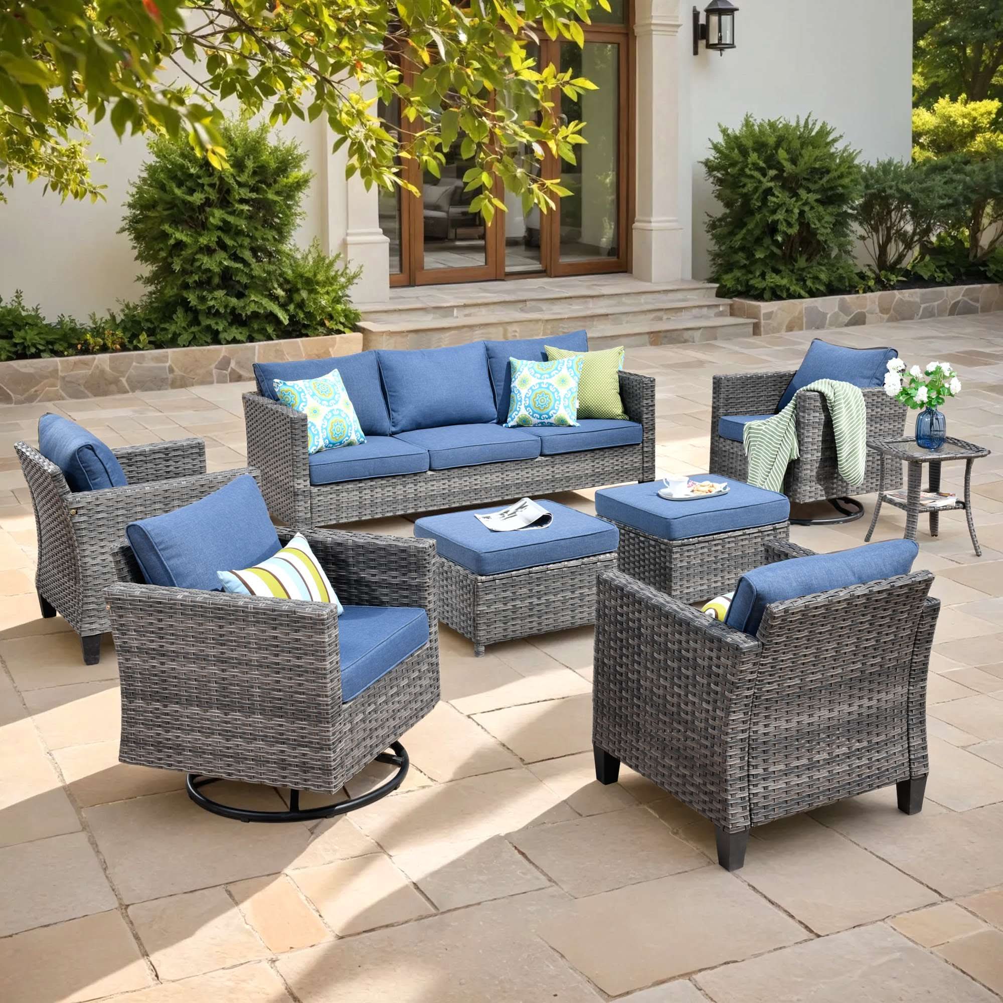 OVIOS Wicker Patio Conversation Set 8-Piece with 3-seat Sofa