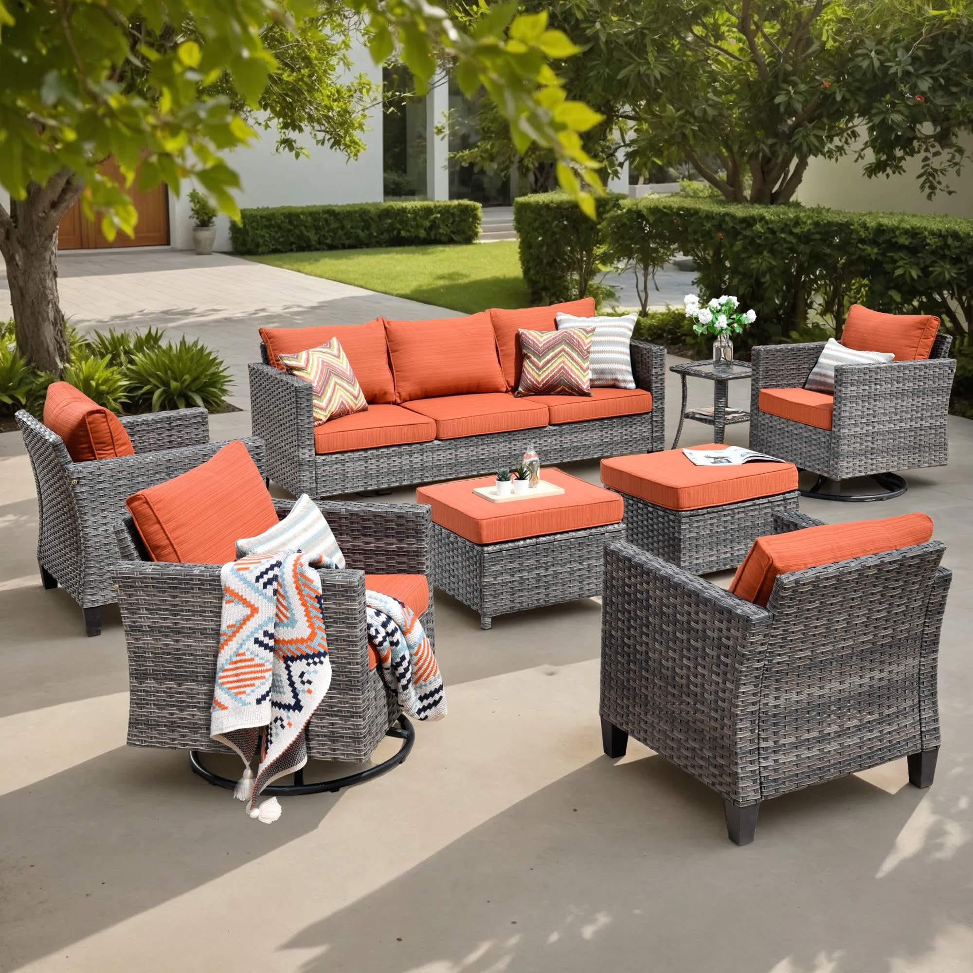 OVIOS Wicker Patio Conversation Set 8-Piece with 3-seat Sofa, view 3