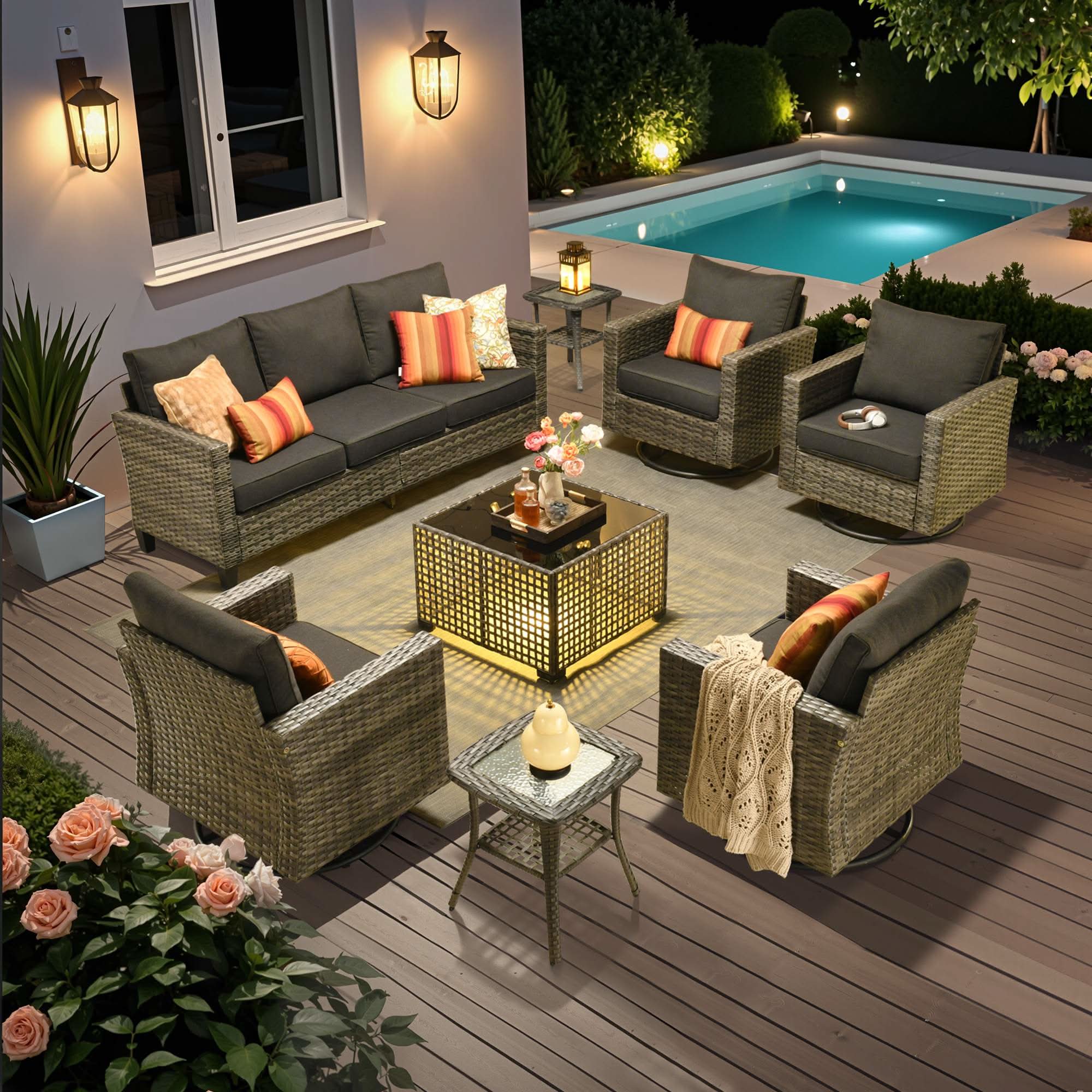 OVIOS Wicker Patio Conversation Set 8-Piece with Solar Table & Swivel Chair