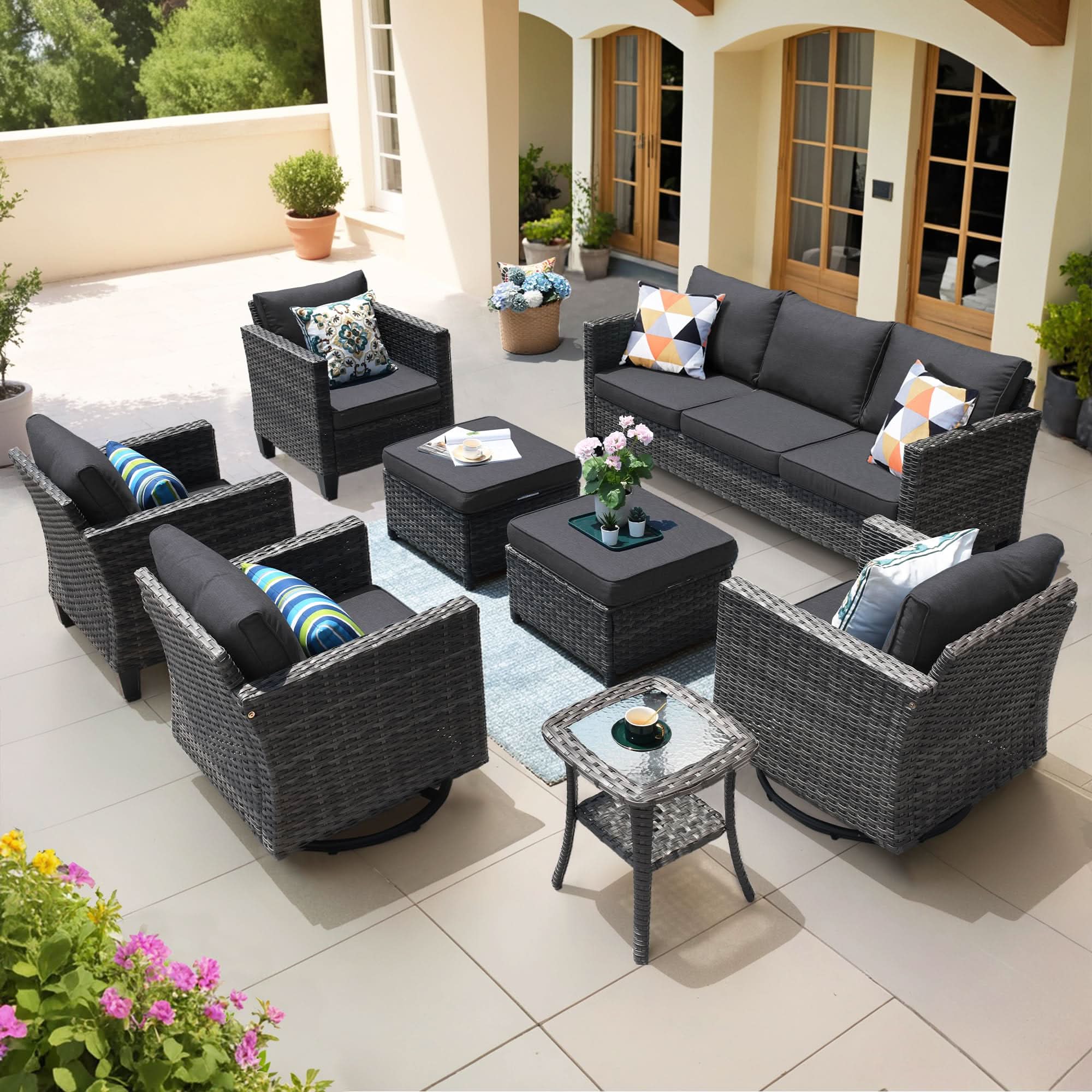 OVIOS Wicker Patio Conversation Set 8-Piece with Solar Table & Swivel Chair, view 4