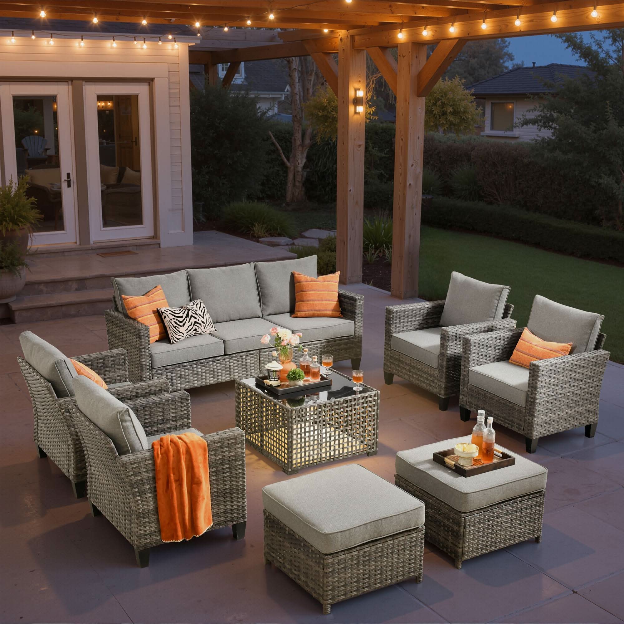 OVIOS Wicker Patio Conversation Set 8-Piece with Solar Table