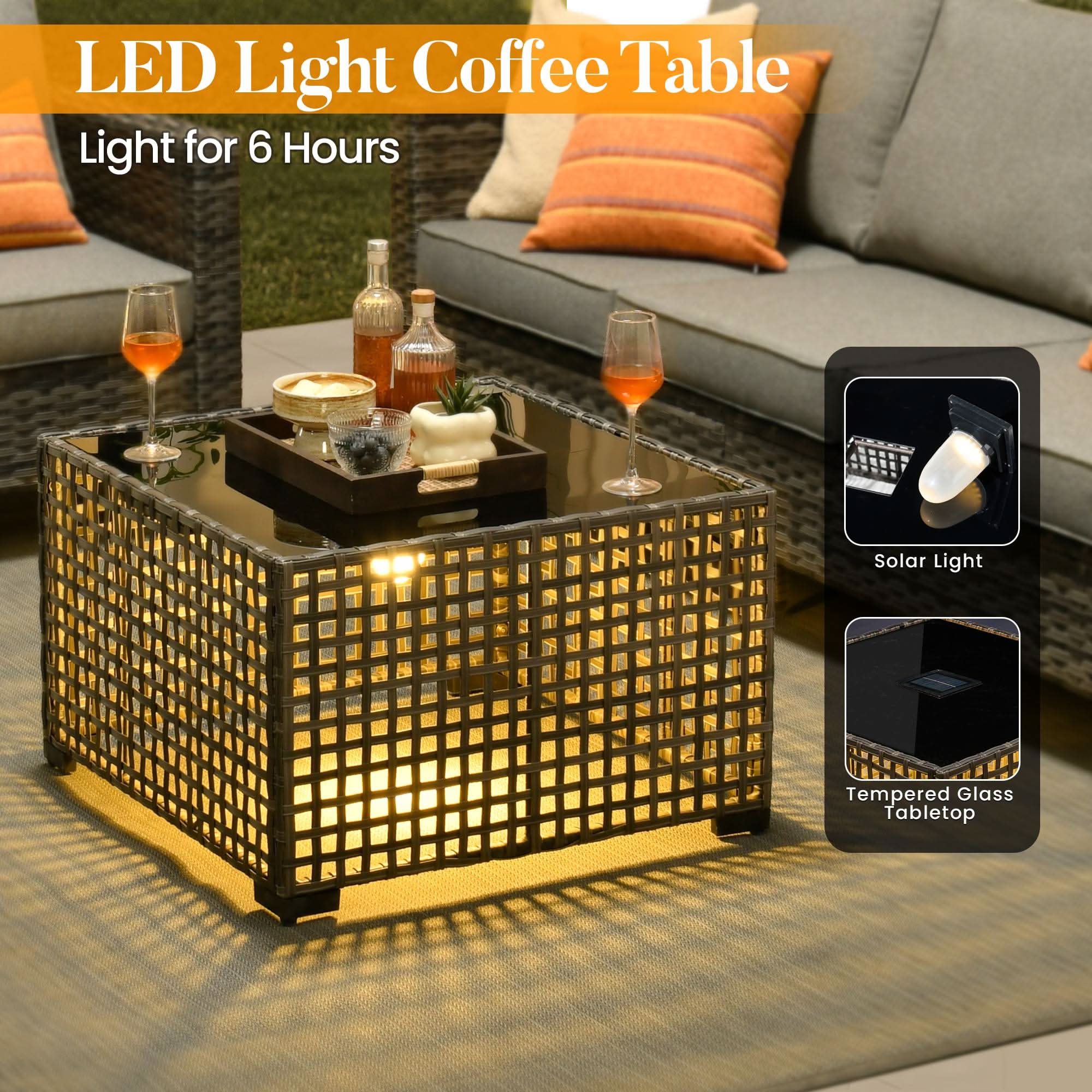 OVIOS Wicker Patio Conversation Set 8-Piece with Solar Table, view 3