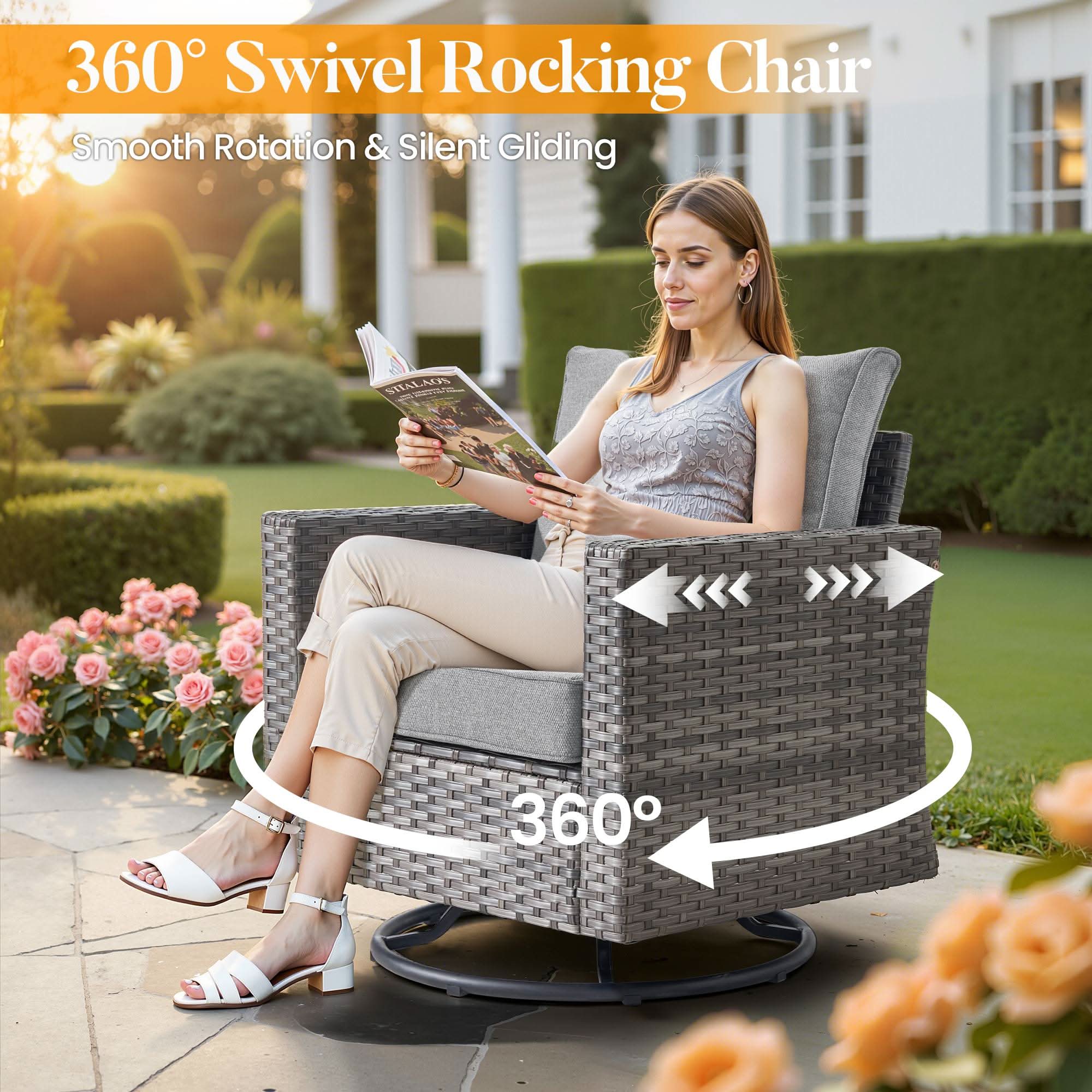 OVIOS Wicker Patio Conversation Set 8-Piece with Solar Table, view 5