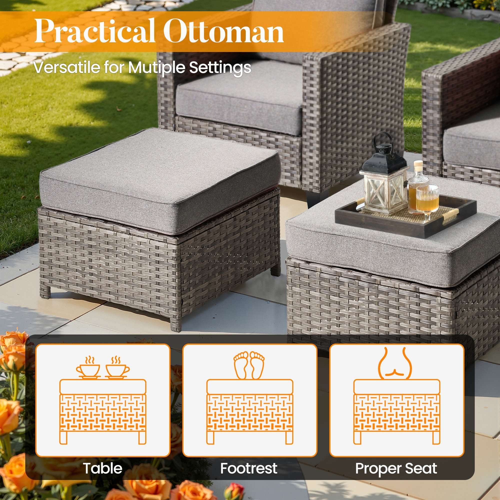 OVIOS Wicker Patio Conversation Set 8-Piece with Solar Table, view 6