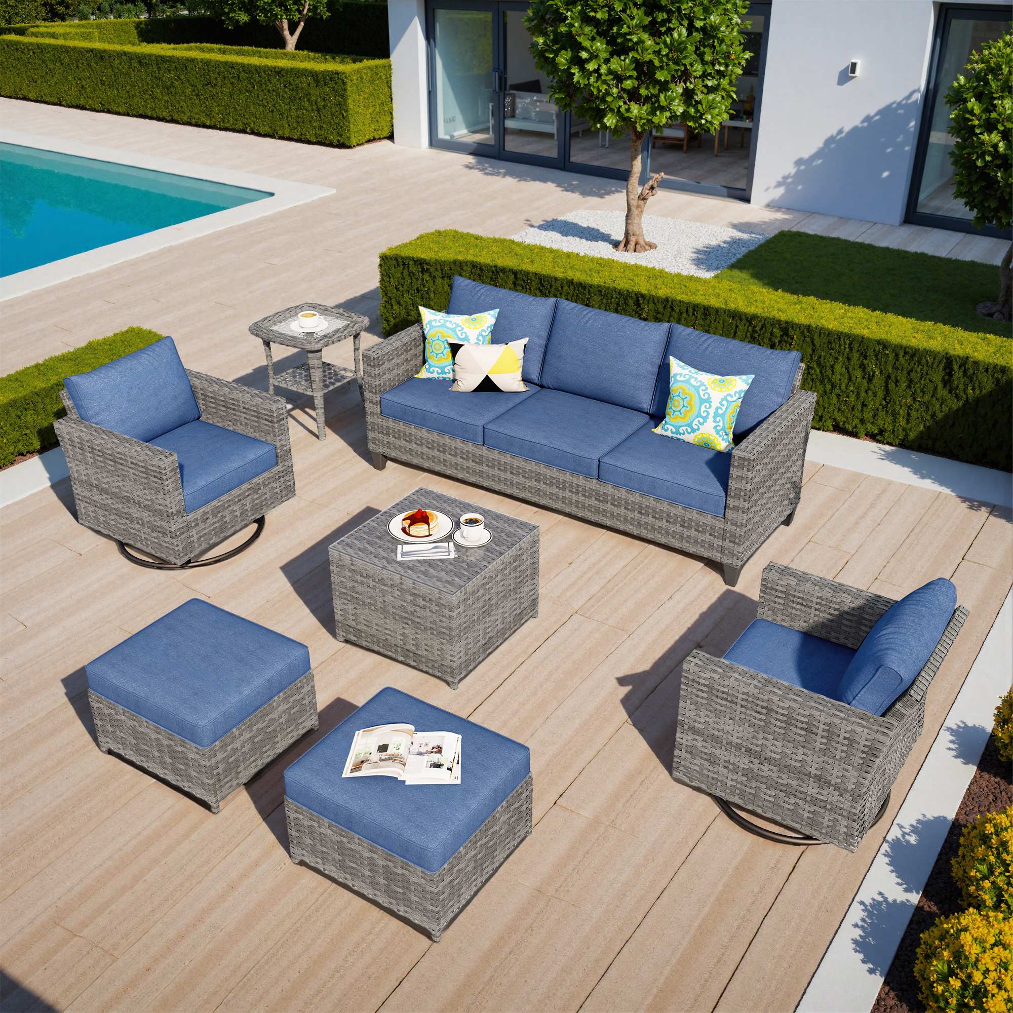 OVIOS Wicker Patio Furniture Set 7-Piece High Back with Swivel Chairs