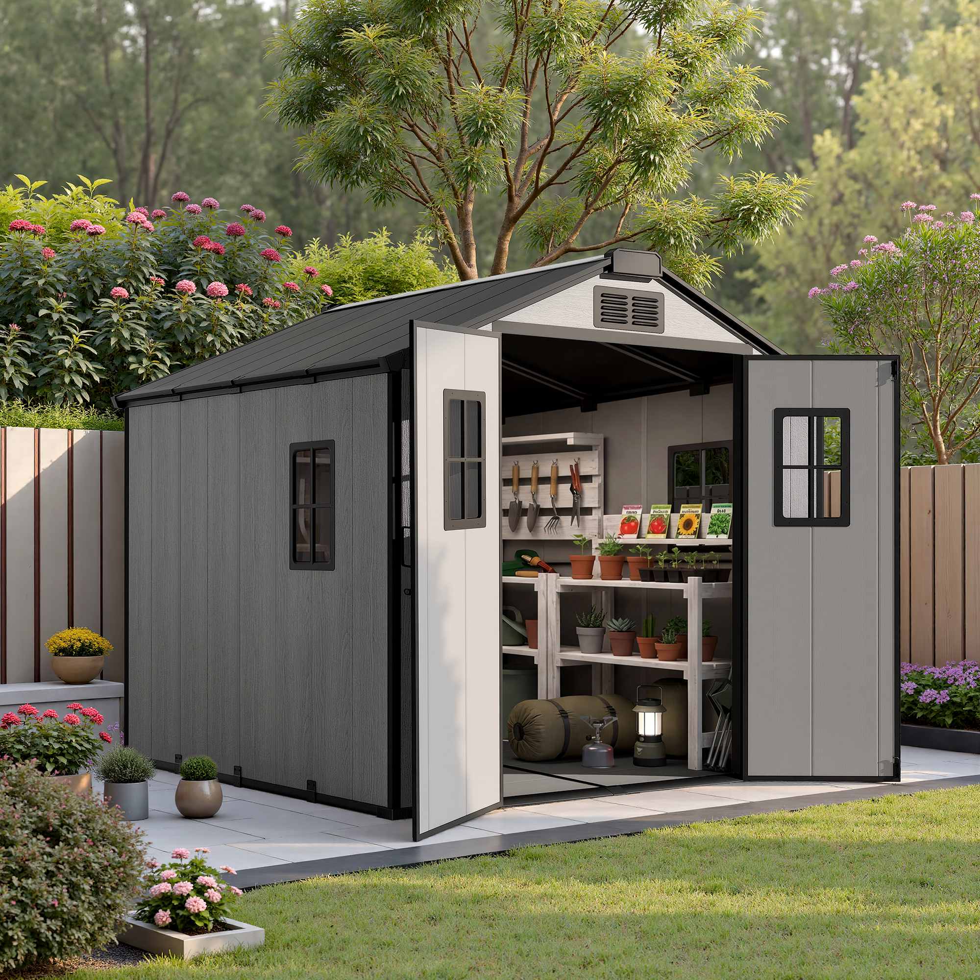 OVIOS Resin Storage Sheds with Floor – Gable Roof Outdoor Storage for Backyard, Patio & Garden