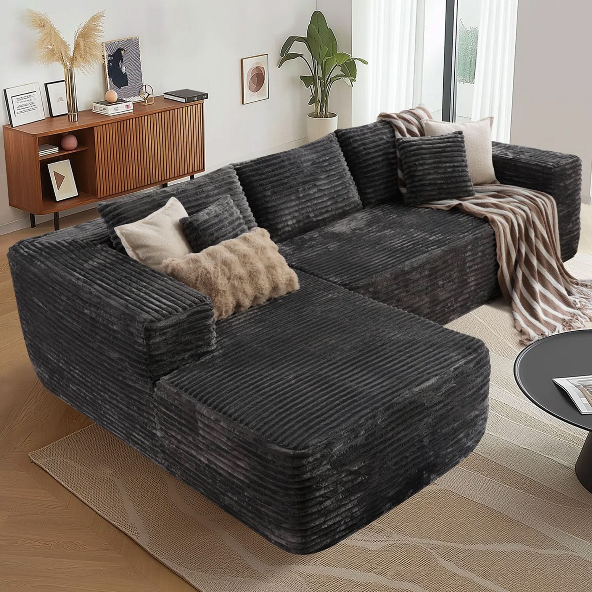 OVIOS 104" L-Shape Modular Couch with Chaise, Plush Corduroy Fabric, No Assembly Required