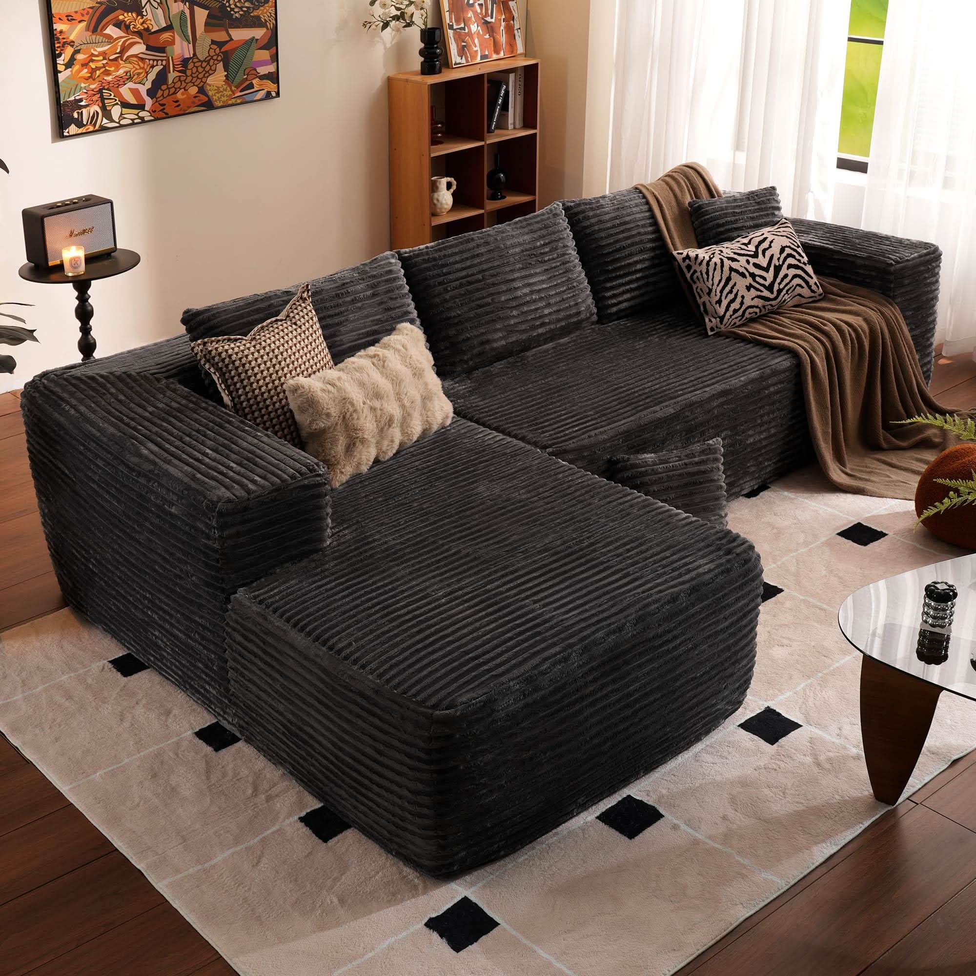 OVIOS 104" L-Shape Modular Couch with Chaise, Plush Corduroy Fabric, No Assembly Required, view 4